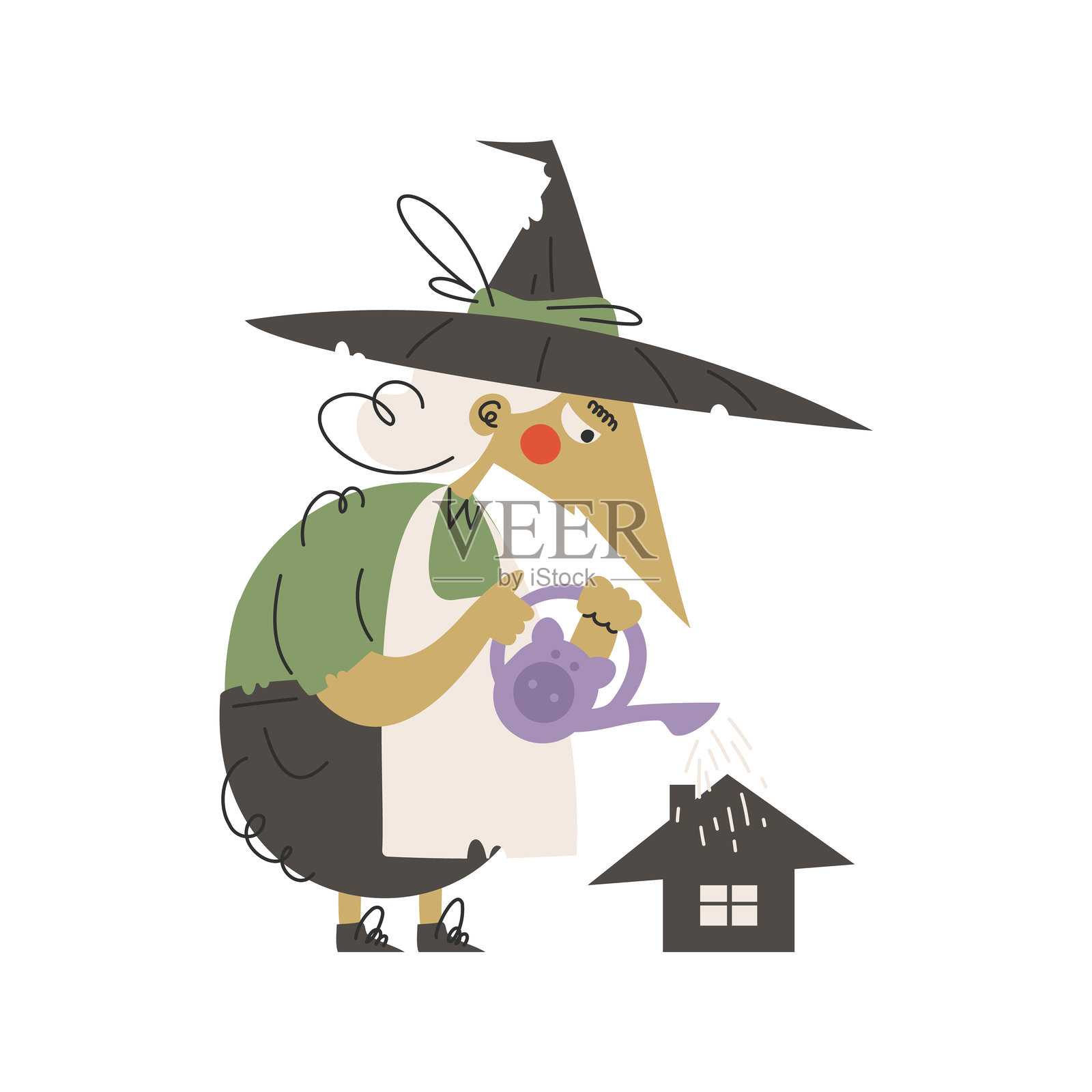 一个古怪的女巫用猪形浇水壶给迷人的小房子浇水。插画图片素材