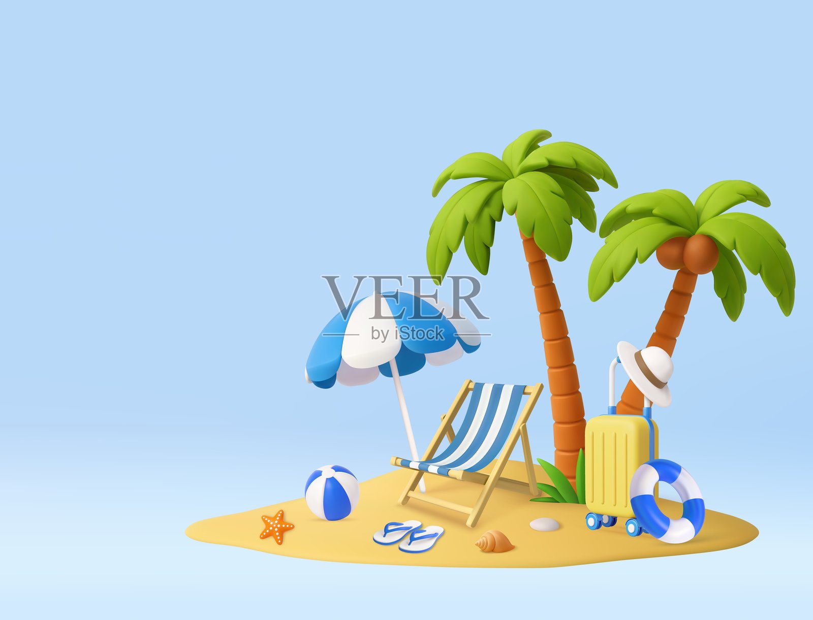 3D热带度假场景，配有蓝色伞和行李插画图片素材