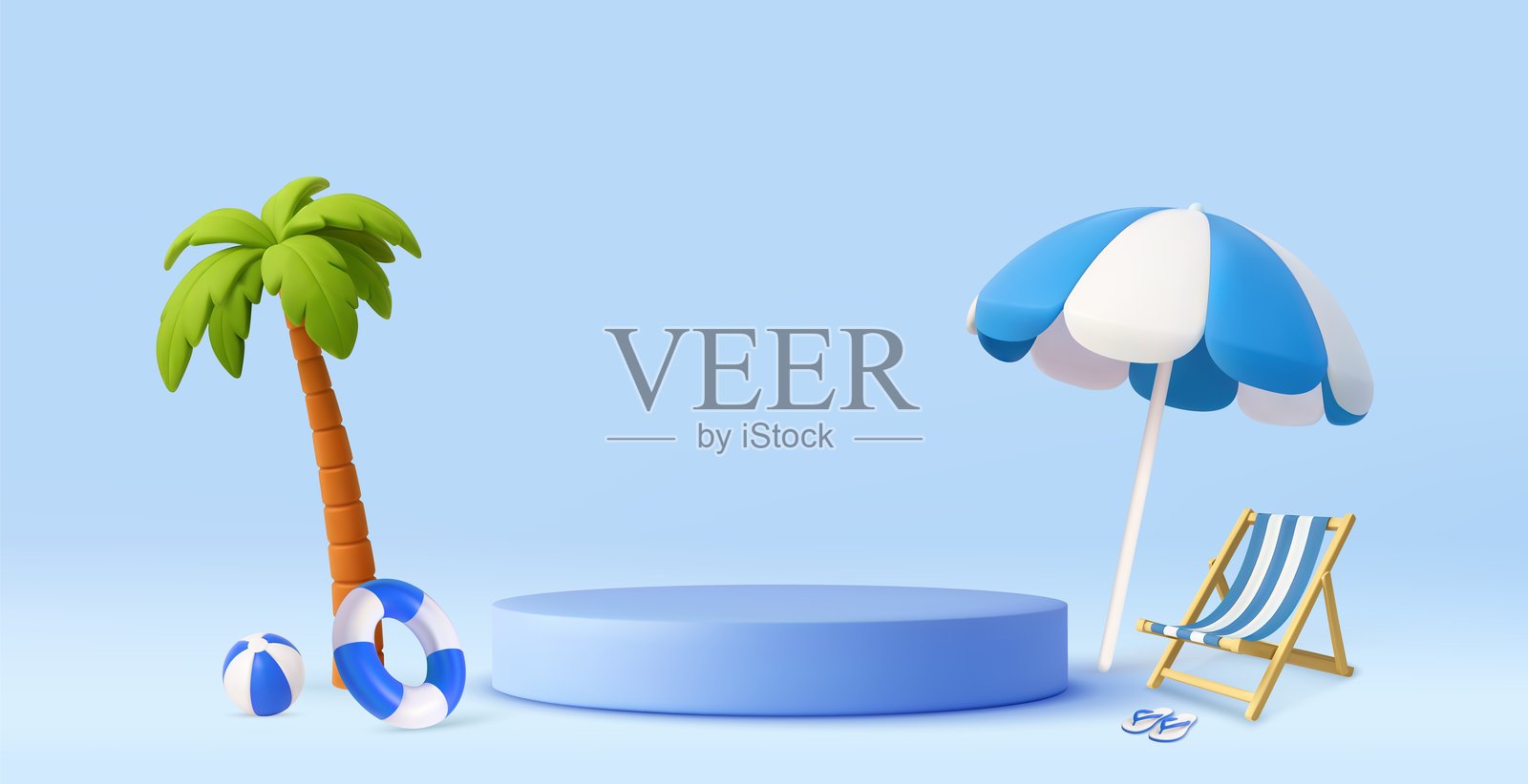 3D夏季海滩场景，配有棕榈树和遮阳伞插画图片素材