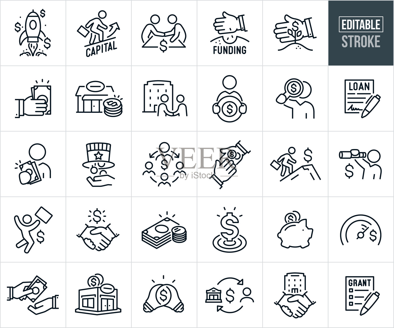 小企业融资和风险投资细线图标 - 可编辑的线条 - 图标包括小企业贷款、借款、投资、企业家、小企业主、资本家、银行、投资者、资金、贷款、补助、商业人士插画图片素材