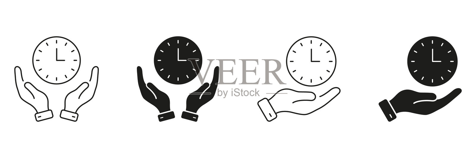 手握时钟的线条和实心图标集。时间管理、日程安排和效率符号集合。优先级和生产力概念。孤立的矢量插图。插画图片素材
