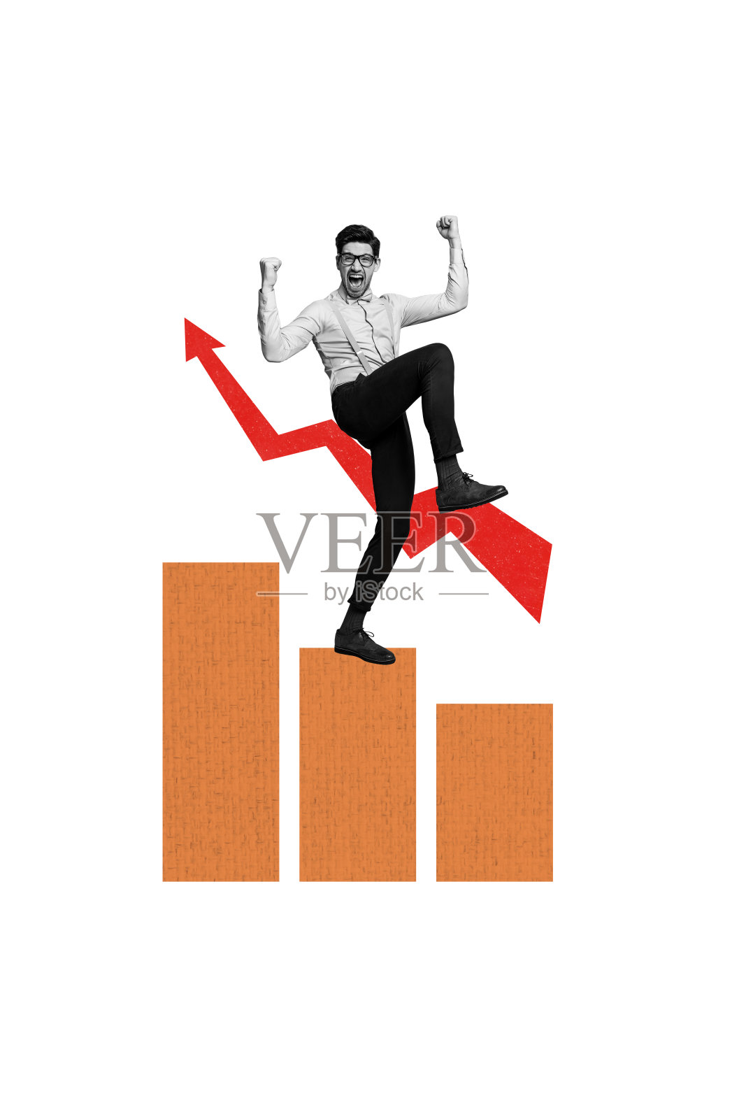 兴奋的商人站在图表前，展示向上发展的箭头，垂直照片拼贴，背景为涂鸦风格。照片摄影图片