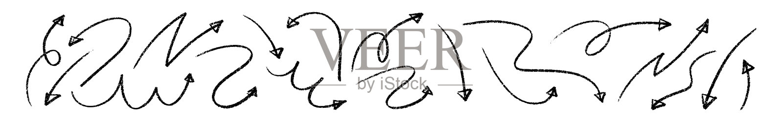 富有表现力的刷子箭头，粗犷的笔触和艺术的绘画纹理。平面矢量插图，背景为白色。插画图片素材