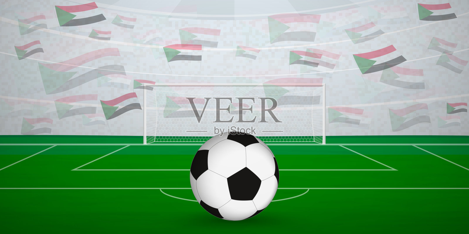 苏丹足球场内满是挥舞国旗的球迷，体育赛事插图。插画图片素材