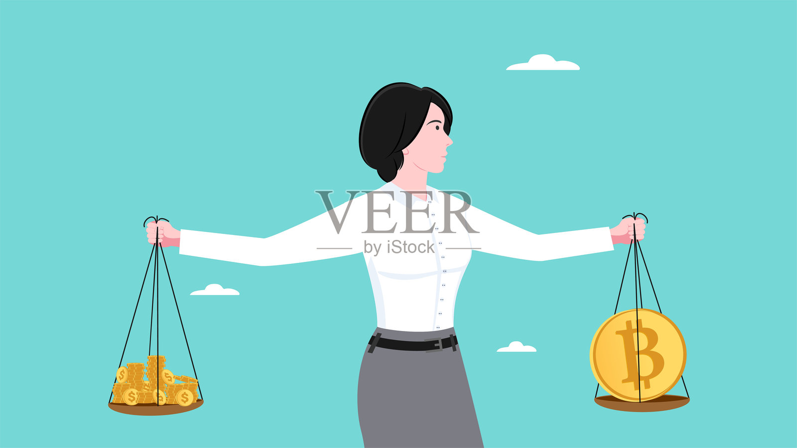 比特币价值，比特币货币与美元或黄金的价值比较，比特币和加密货币价格上涨，加密货币价值增长，女性加密投资者带着比特币和硬币插画图片素材