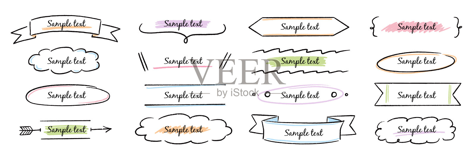 手绘文本框边框标题横幅套件。手绘涂鸦线条横幅，丝带线标签备忘录形状元素。可爱的设计马克笔笔触文本框标题，标题装饰。矢量图插画图片素材