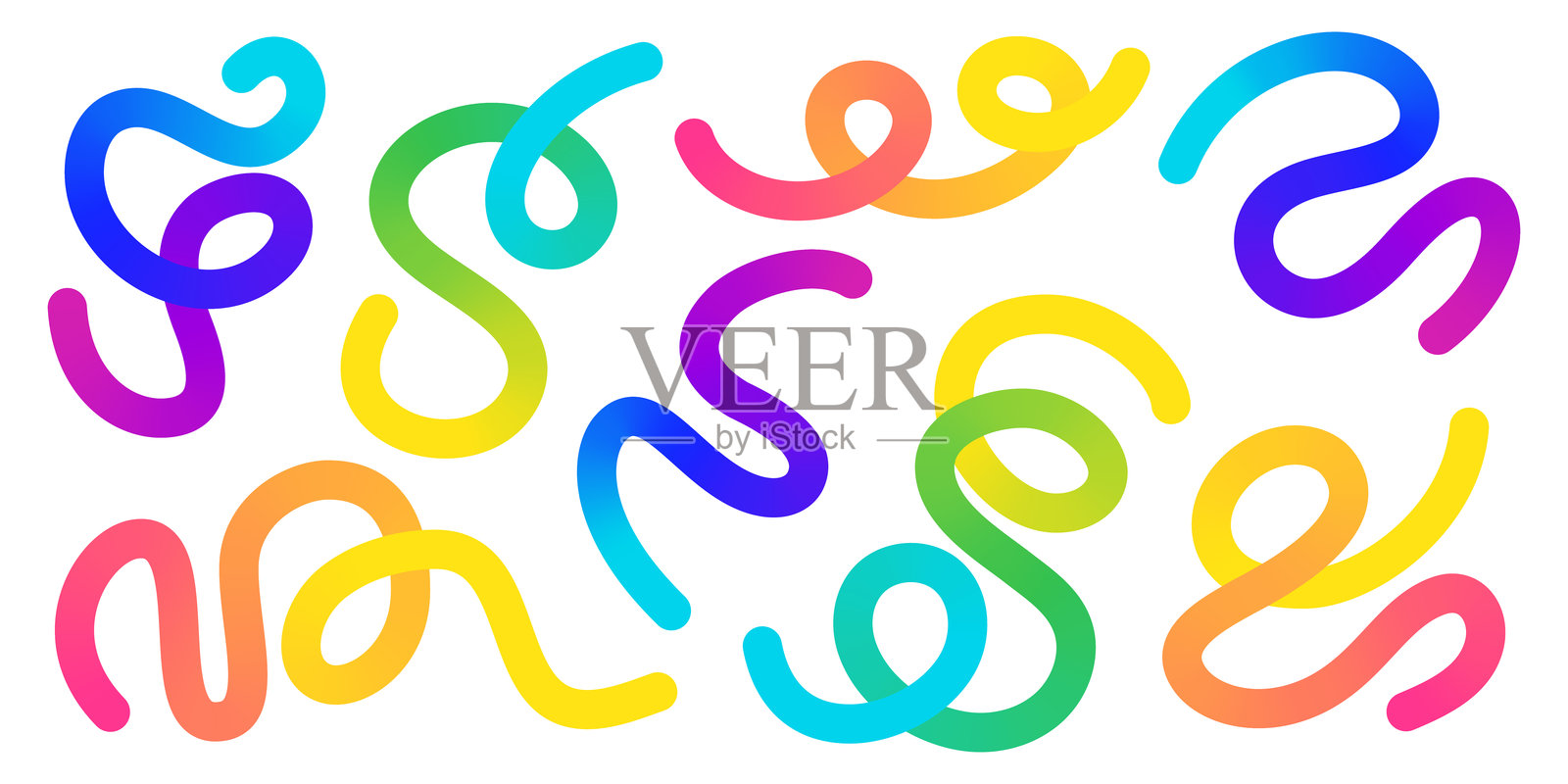 渐变色彩的曲线蛇形状 - 扭曲的线条、环圈和漩涡形成抽象图案。插画图片素材