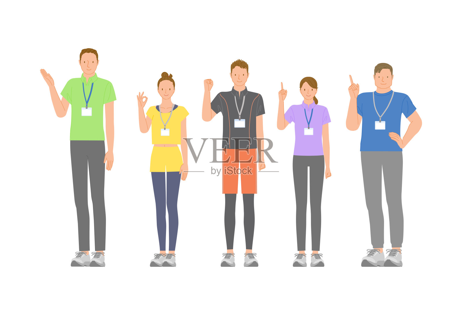 健身房年轻充满活力的男女员工组合：微笑姿势变换03插画图片素材