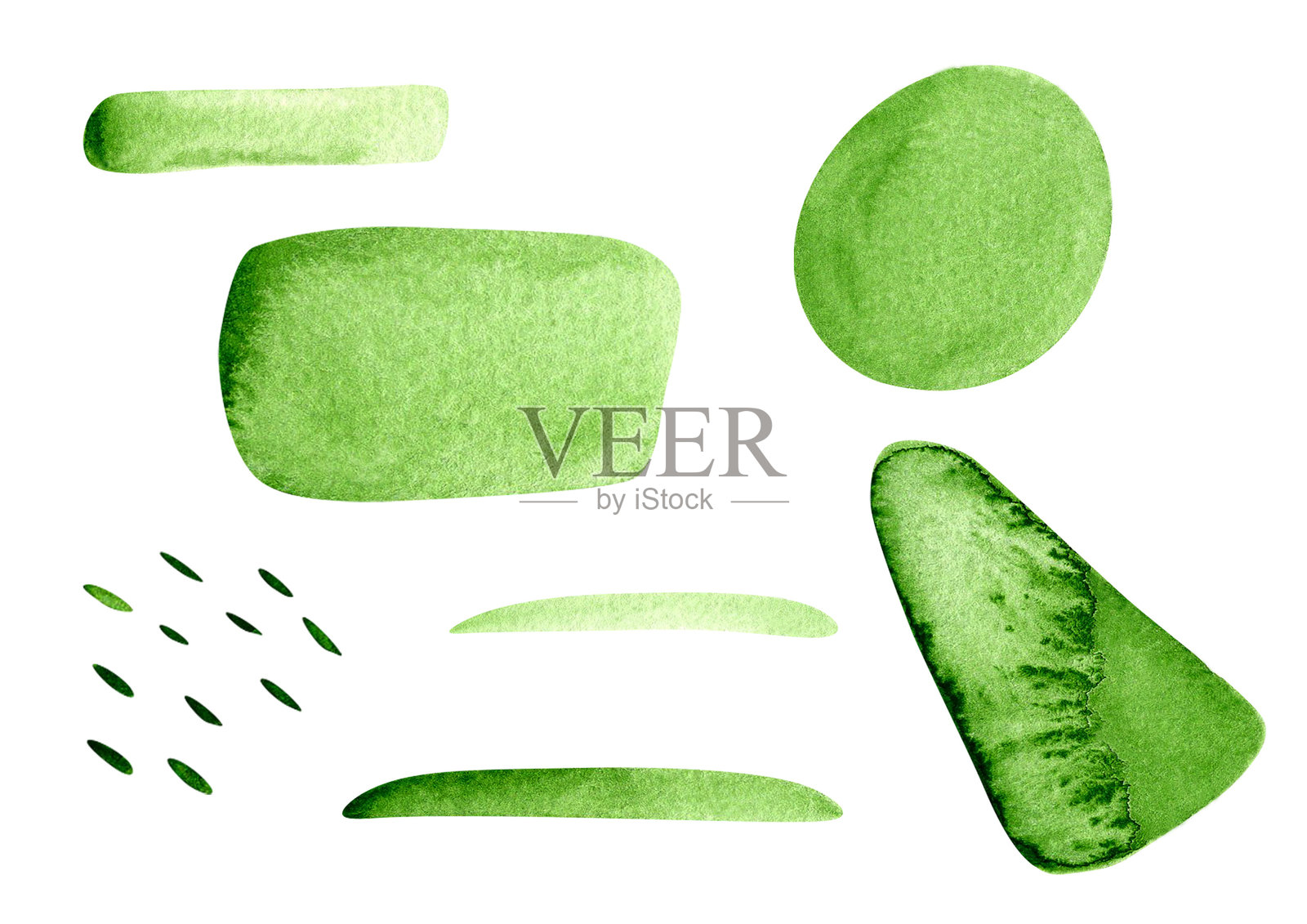 绿色抽象水彩形状的集合。手绘的生动极简元素，具有有机形状和笔触。非常适合现代设计、品牌推广、海报、卡片和儿童项目。插画图片素材