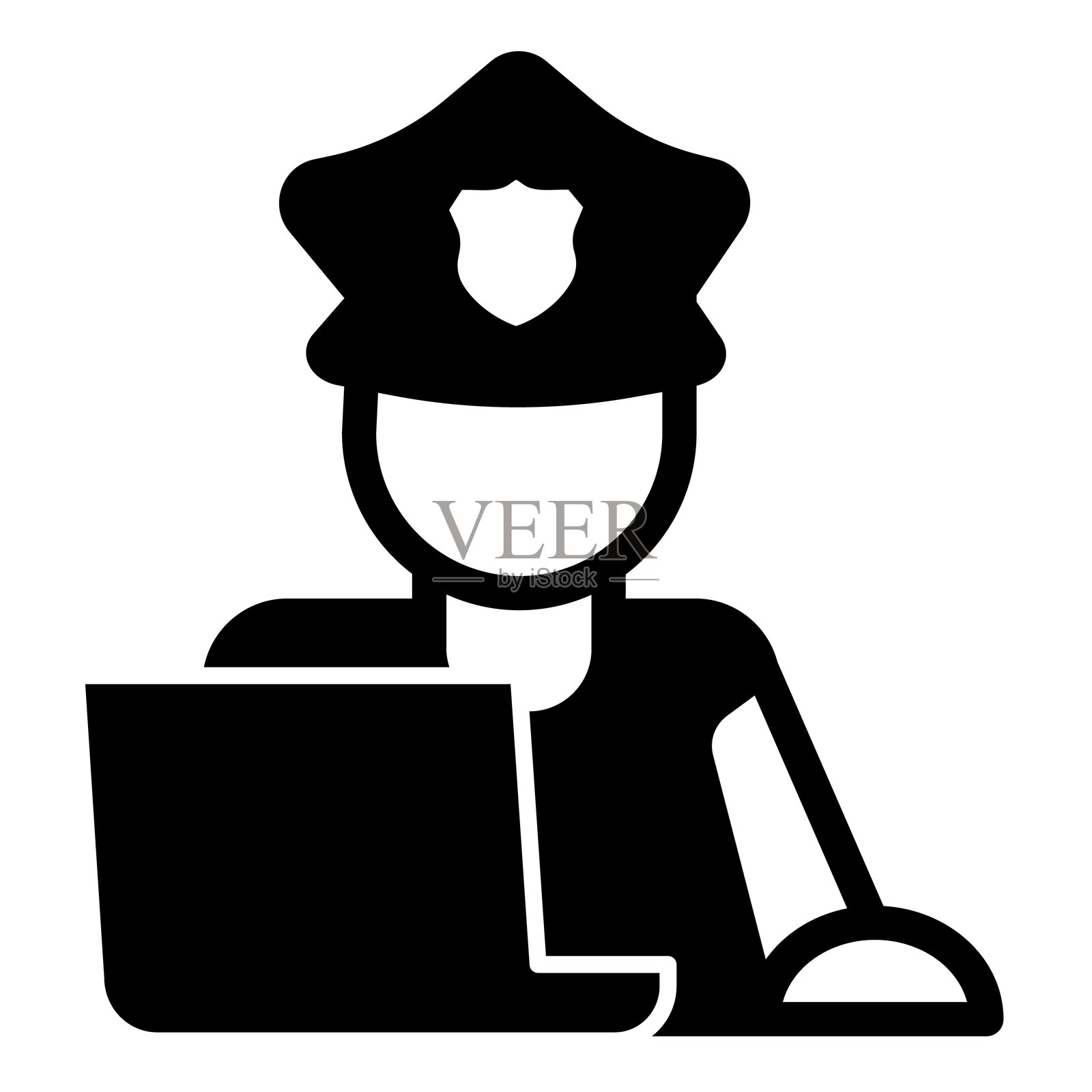 戴帽子的警察与笔记本电脑的实心图标，法律与秩序概念。矢量图形。白色背景上的警察与计算机数据库标志，适用于移动或设计风格。插画图片素材