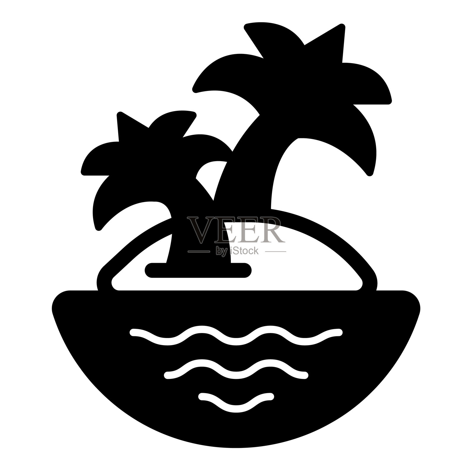 无人居住的岛屿与棕榈树的实心图标，气候变化概念。矢量图形。海上热带树木的岛屿标志，白色背景，适用于移动或设计风格。插画图片素材