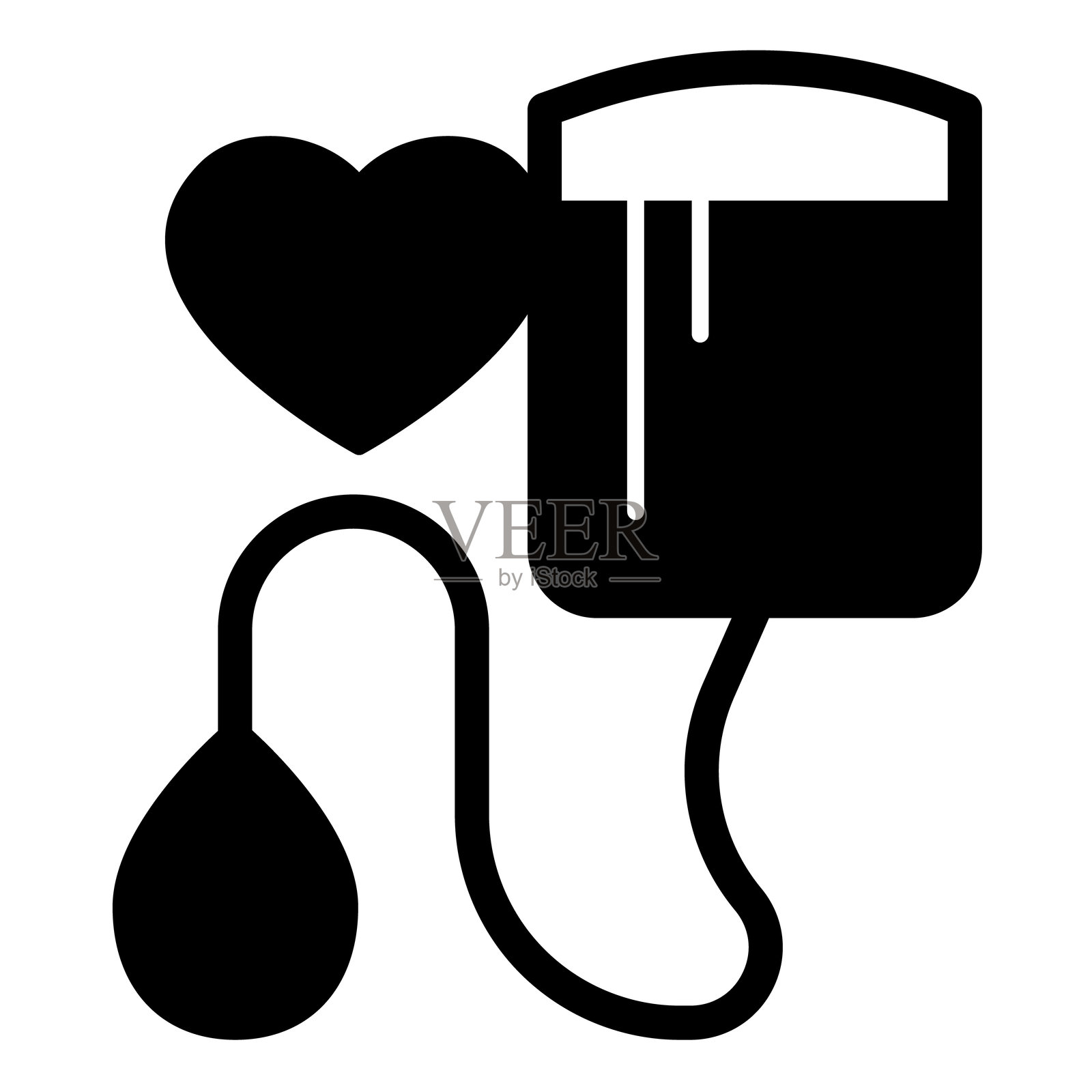 带心形和血滴的滴管实心图标，慈善概念。矢量图形。白色背景上的献血标志，适合移动或设计风格。插画图片素材