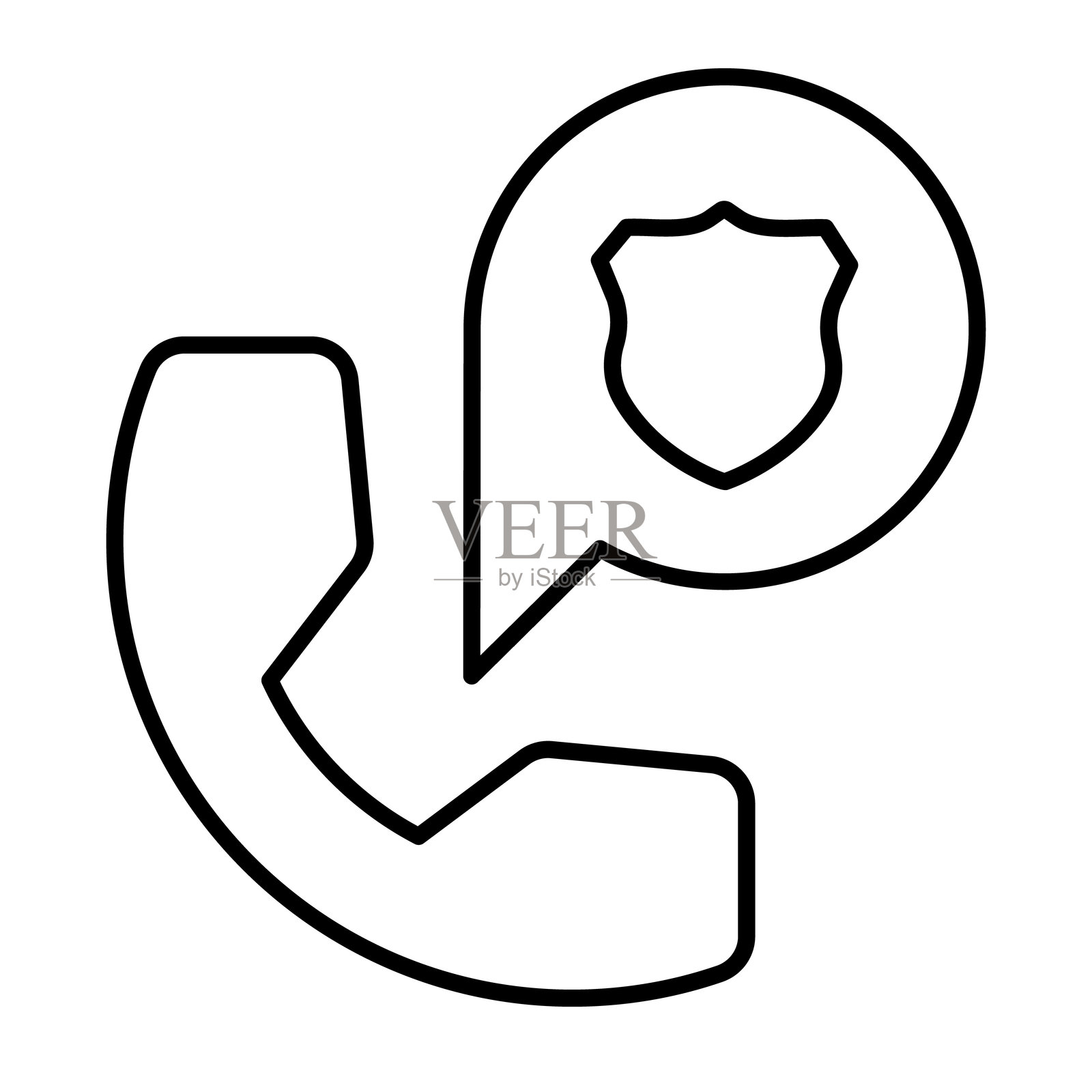 电话听筒和警徽气泡细线图标，法律与秩序概念。矢量图形。白色背景上的警察紧急呼叫标志，适用于移动或设计风格。插画图片素材