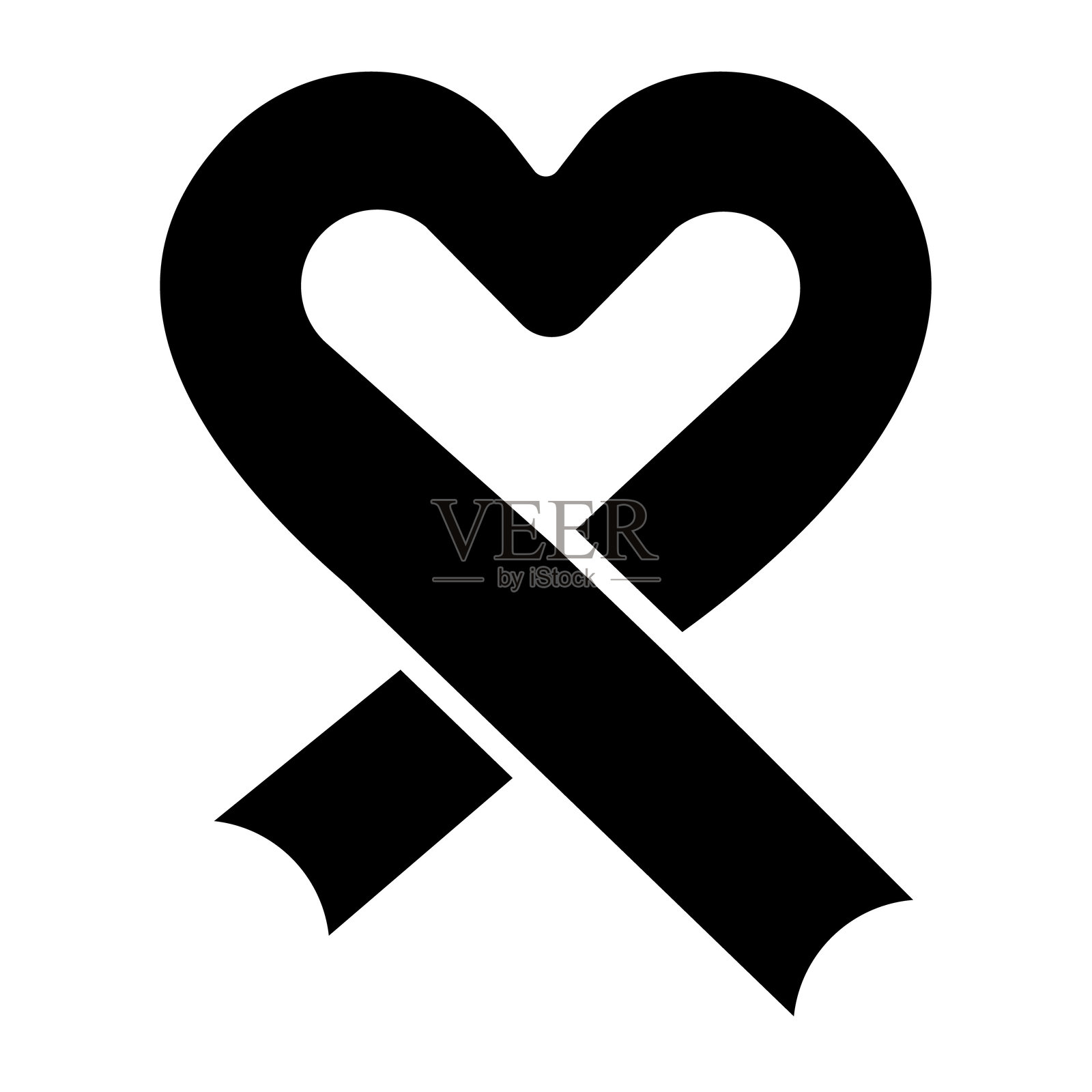 心形癌症丝带实心图标，慈善概念。矢量图形。癌症治愈丝带标志，白色背景，适合移动或设计风格。插画图片素材