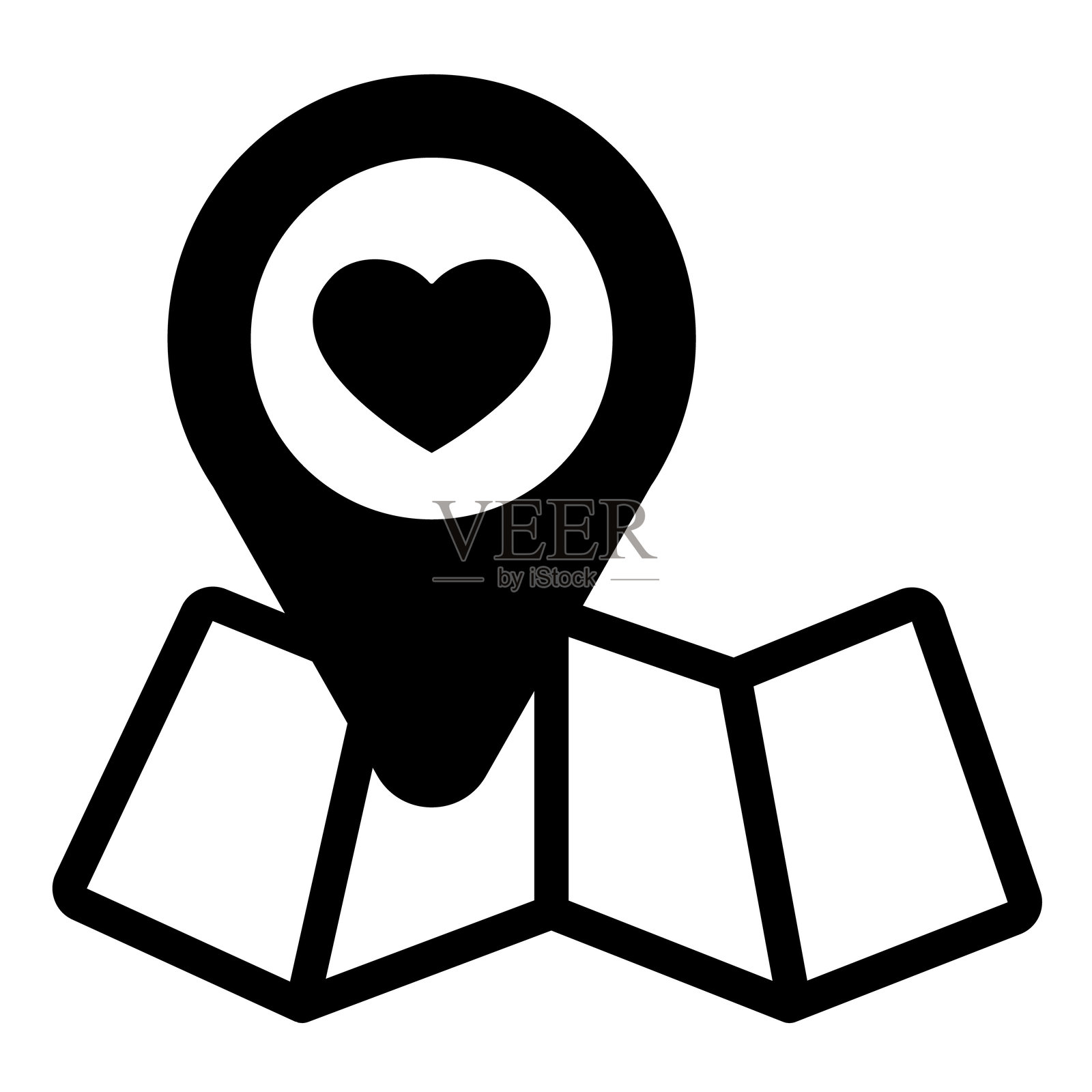 地图和位置图钉带有心形实心图标，慈善概念。矢量图形。纸质地图上的捐赠点标志，白色背景，适合移动或设计风格。插画图片素材