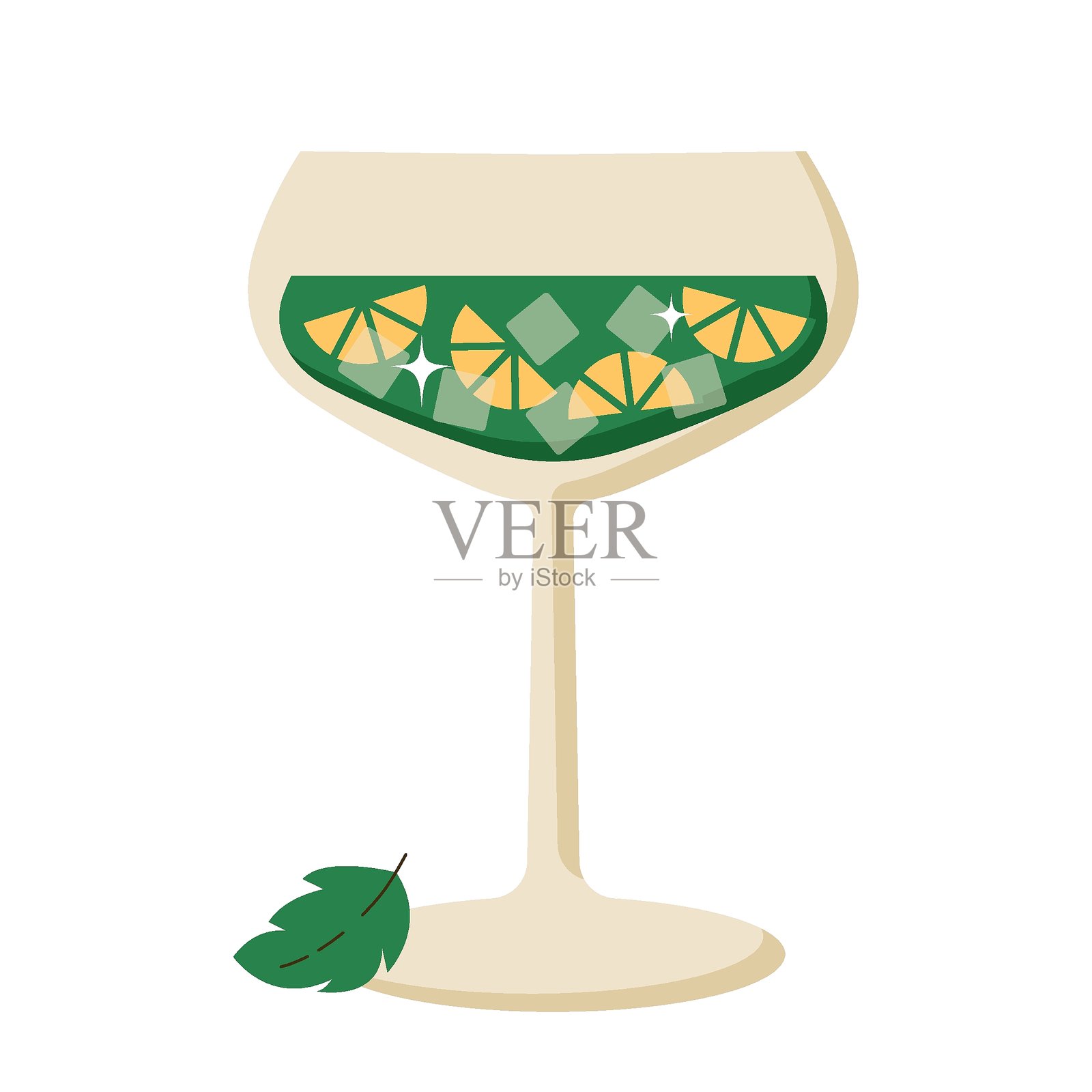 复古夏季鸡尾酒，玻璃杯中装有叶子、青柠和冰块。平面矢量插图，背景为白色。插画图片素材