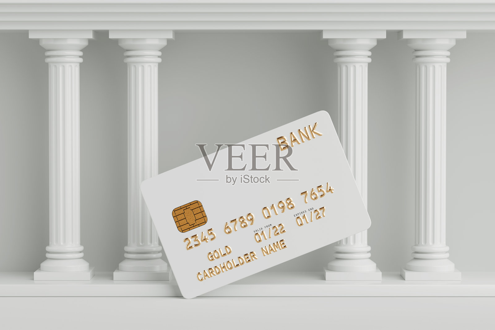 白色现代信用卡在白色银行建筑墙前，墙上有柱子。3D渲染。照片摄影图片