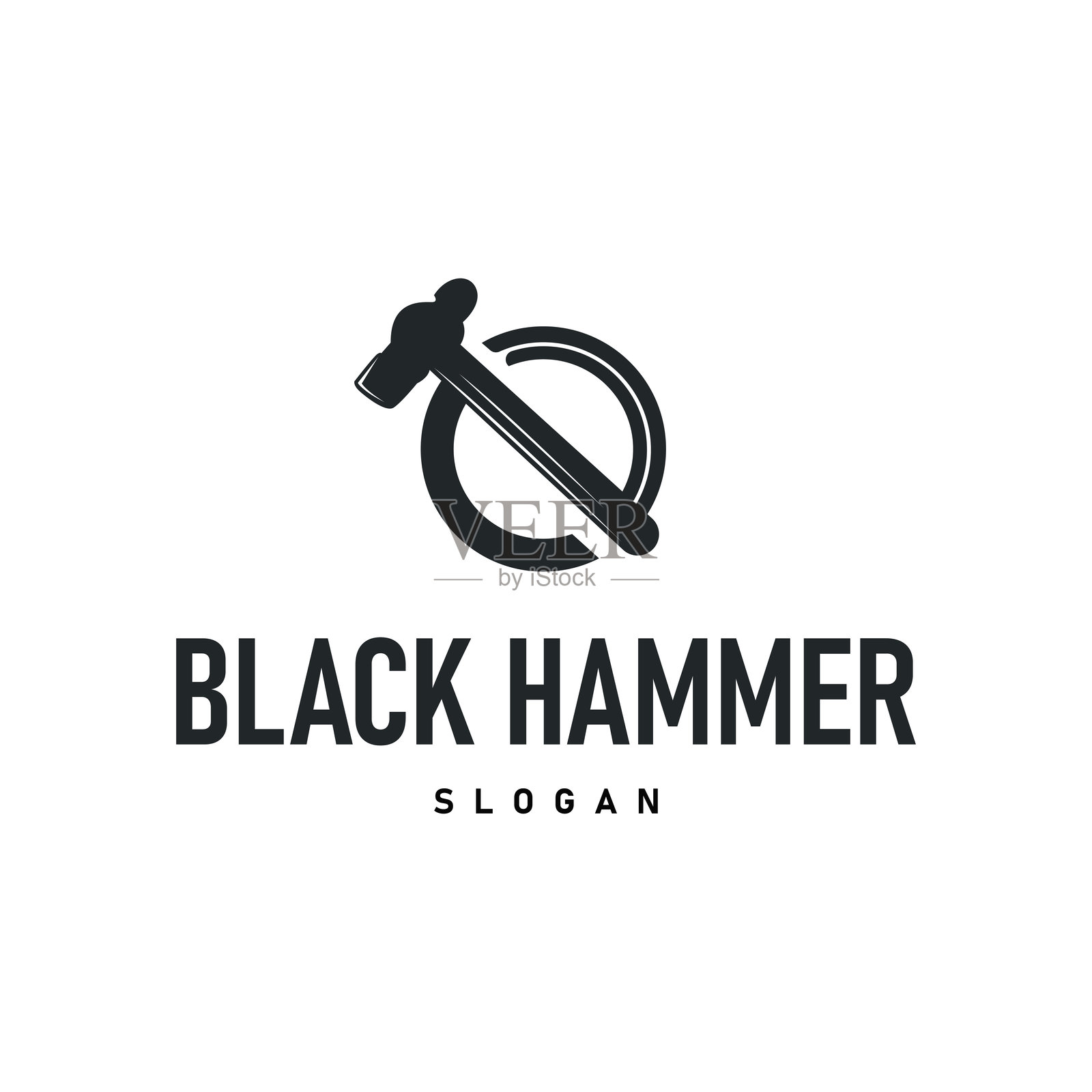 锤子logo设计概念，简单的黑色剪影锤子模板插图，建筑设备品牌符号，产品与商业。插画图片素材