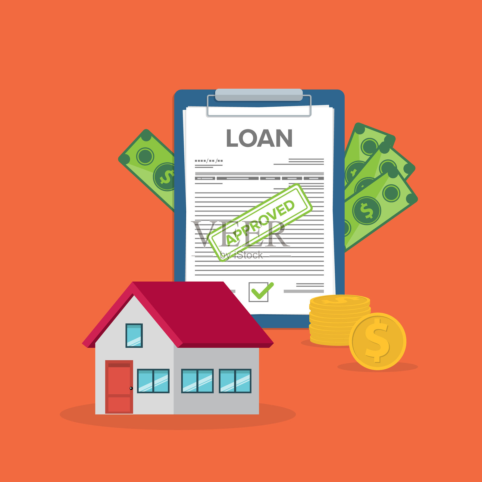贷款批准。银行文件与硬币和美元钞票。插画图片素材
