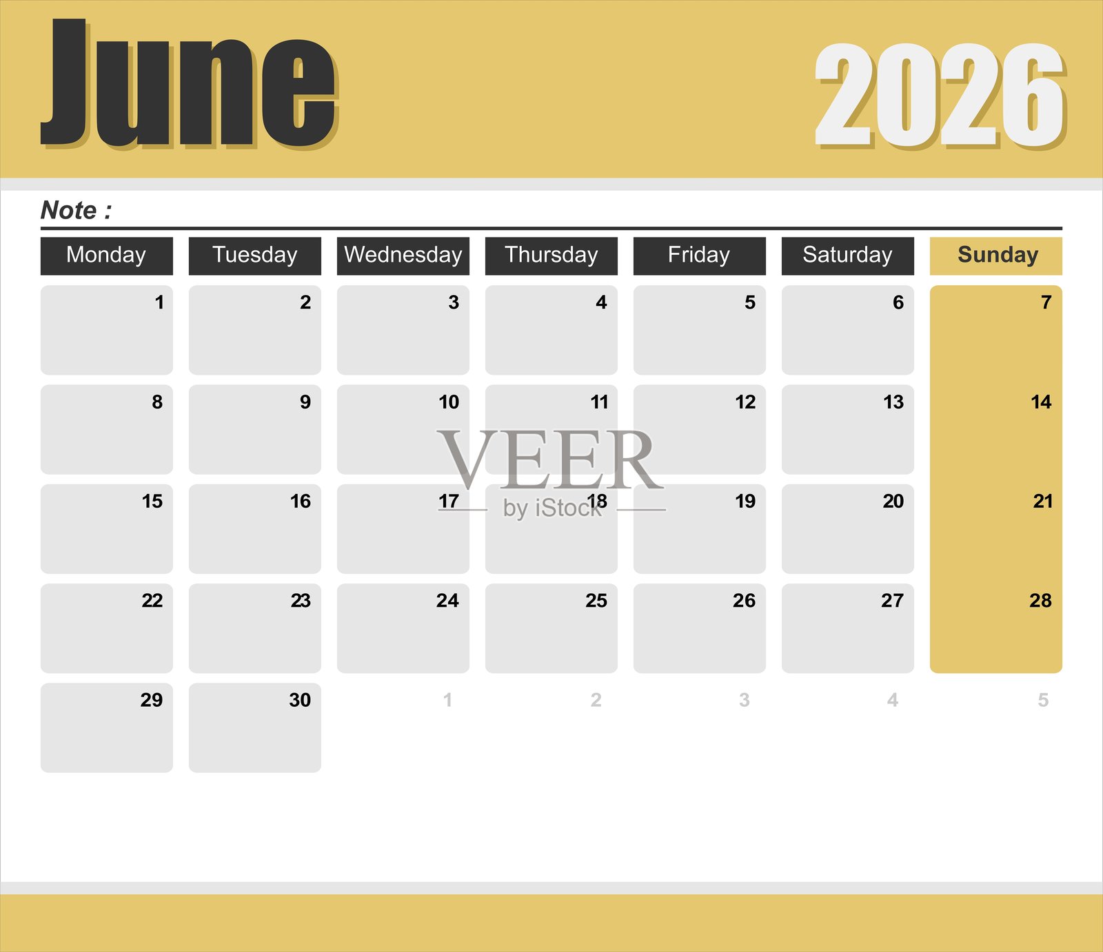 2026年每月桌面日历模板，周一开始，EPS文件矢量图插画图片素材