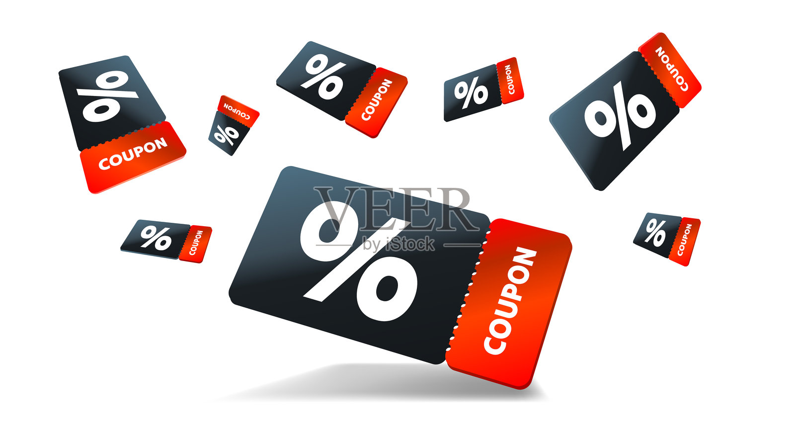红色和黑色的优惠券，带有百分比，飞翔在白色背景上。矢量插图。插画图片素材