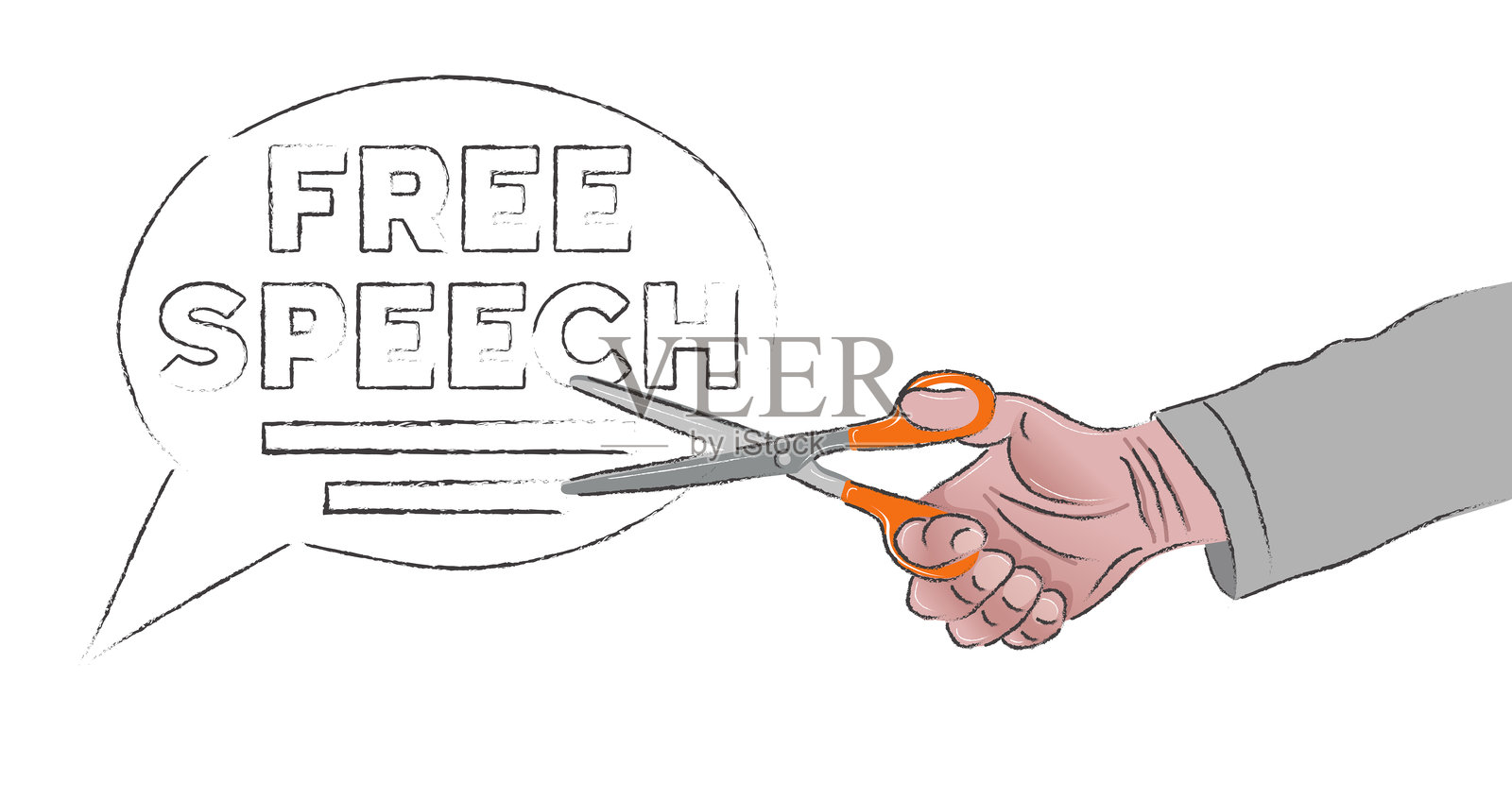 商人用剪刀剪下带有“言论自由”字样的对话气泡，作为对审查制度的隐喻插画图片素材