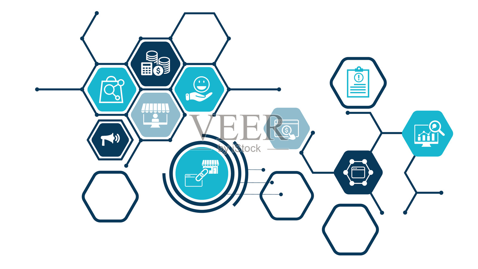 联盟营销网页横幅图标集符号概念，包括交易、跟踪、客户、链接、销售、网站、商家图标，线条风格。矢量插图。插画图片素材