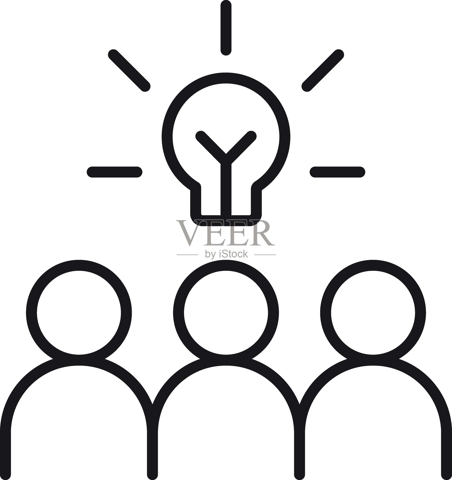 灯泡图标象征着三个人的团队合作和创造力，采用细线风格。插画图片素材