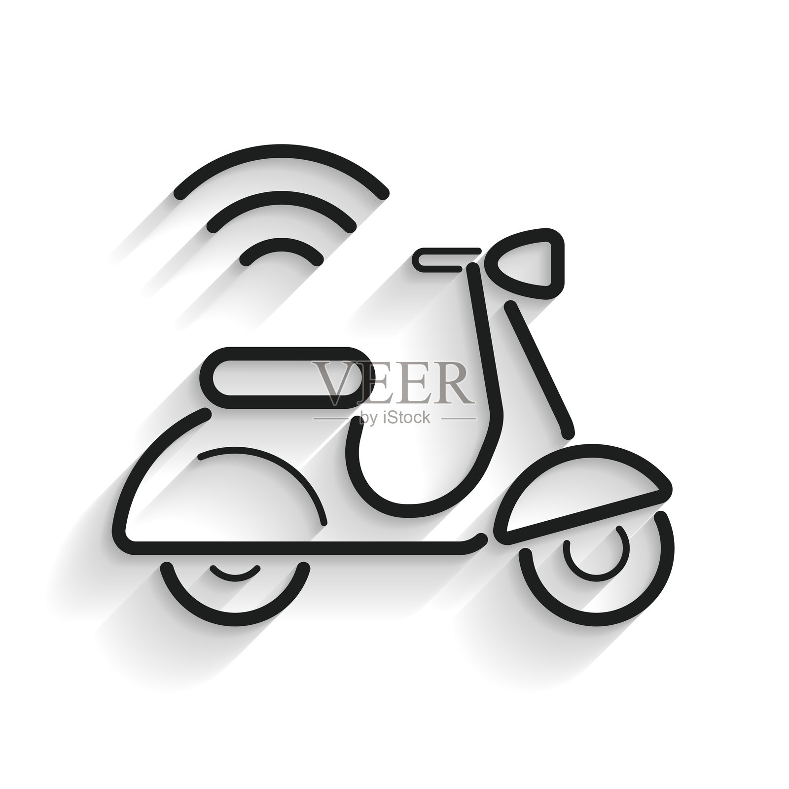 连接的滑板车摩托车。白色背景上的线条图标，带有长阴影。插画图片素材