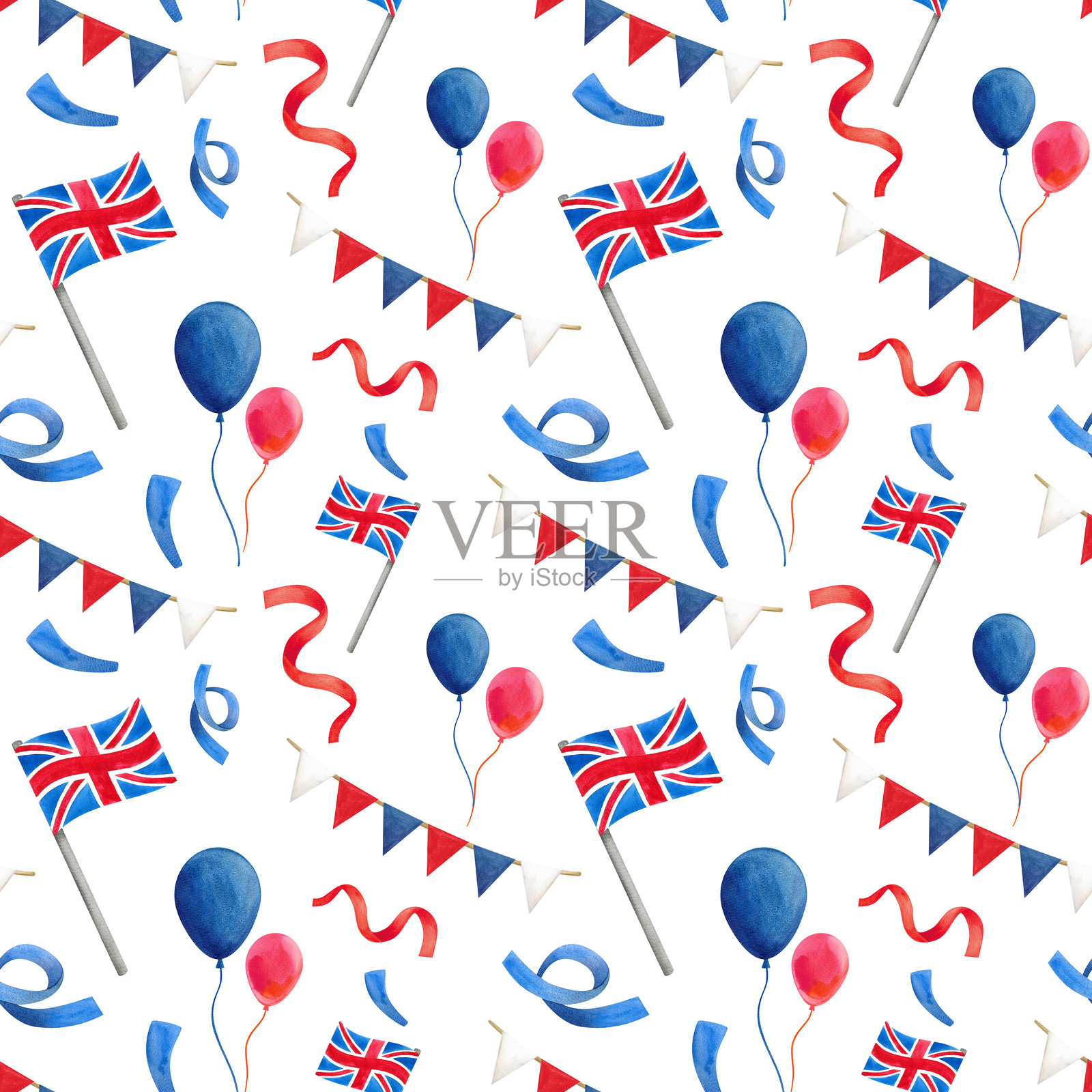 无缝图案。节日系列手绘水彩元素，包含英国符号。心形、国旗、彩带和节日花环。插画图片素材