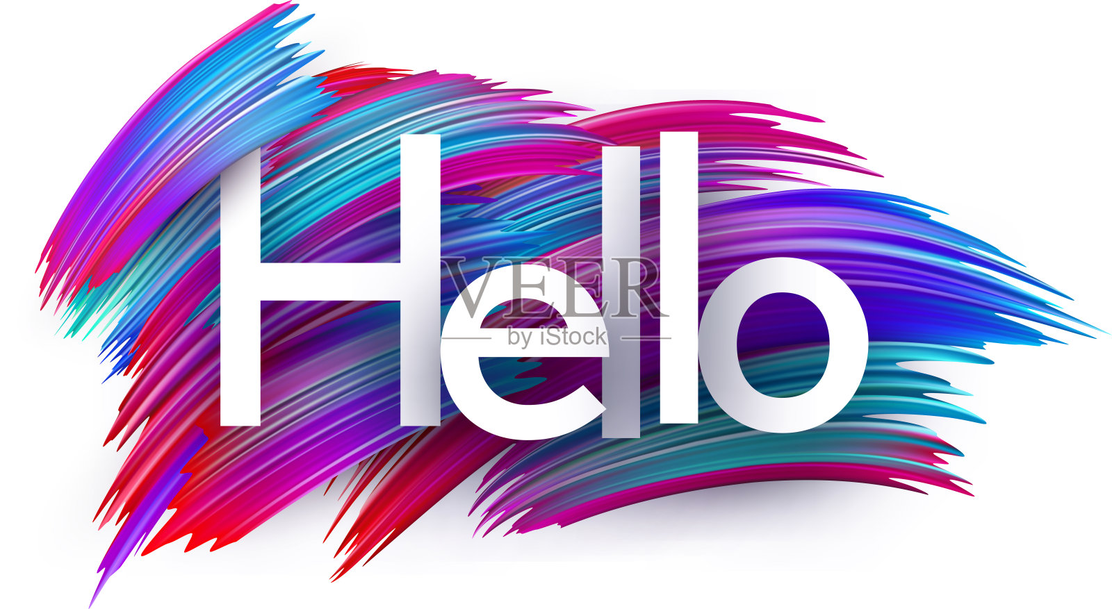 白色背景上用彩色光谱画笔笔触绘制的“你好”纸质字牌。插画图片素材