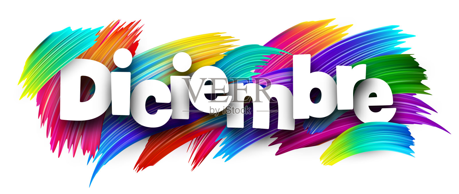 用彩色画笔描绘的西班牙语单词“十二月”插画图片素材