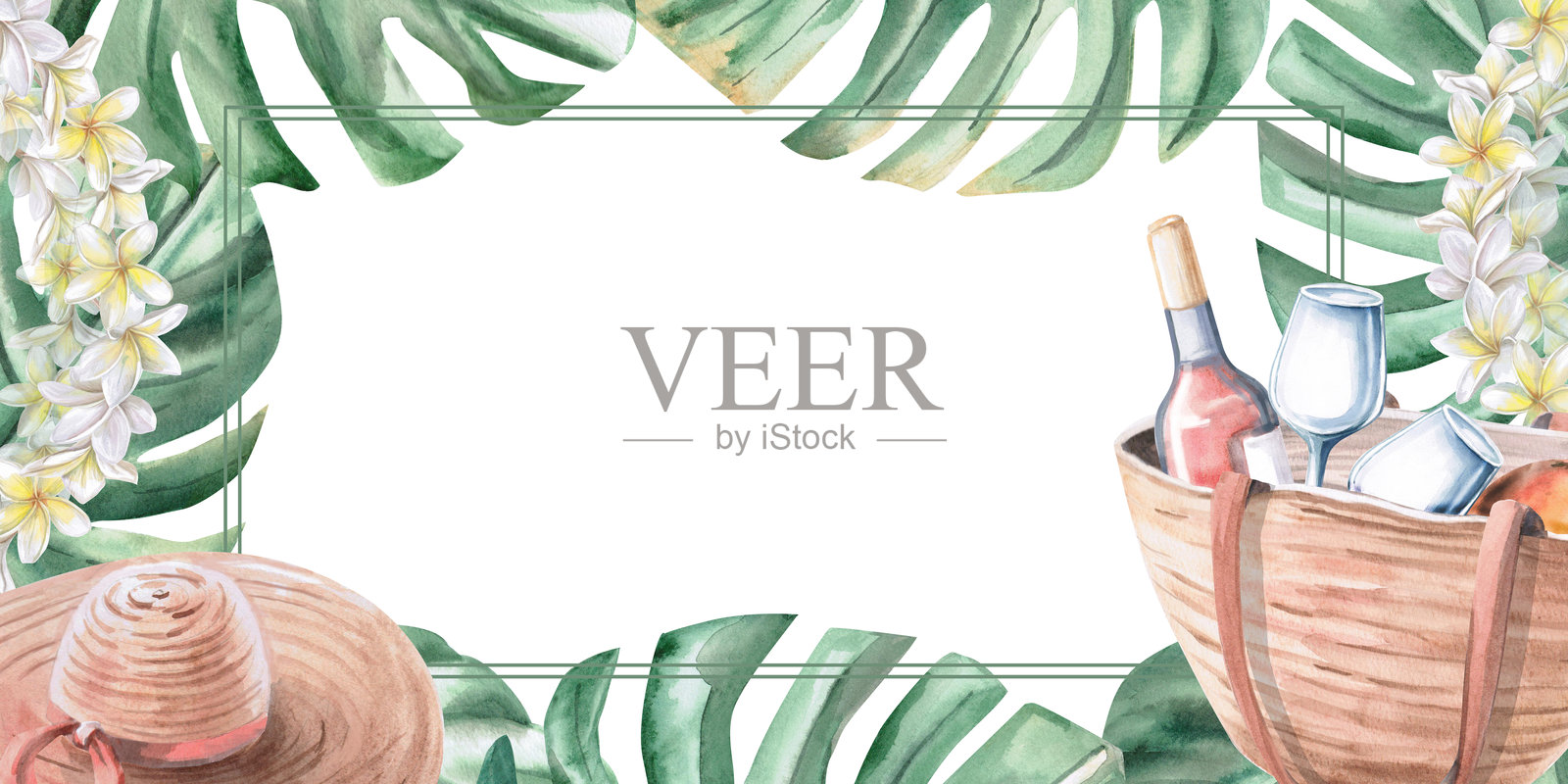 矩形框架内有沙滩帽和装满葡萄酒及酒杯的包。孤立的水彩插图，主题为海滩派对，适用于装饰邀请函、菜单和海报。插画图片素材