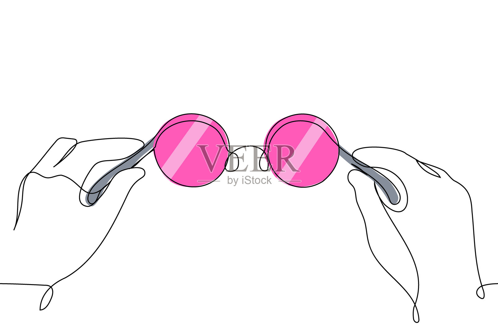 人手握着圆形粉色眼镜的特写 - 一种线条艺术矢量图。看世界的概念通过玫瑰色眼镜，生活在粉色中。插画图片素材