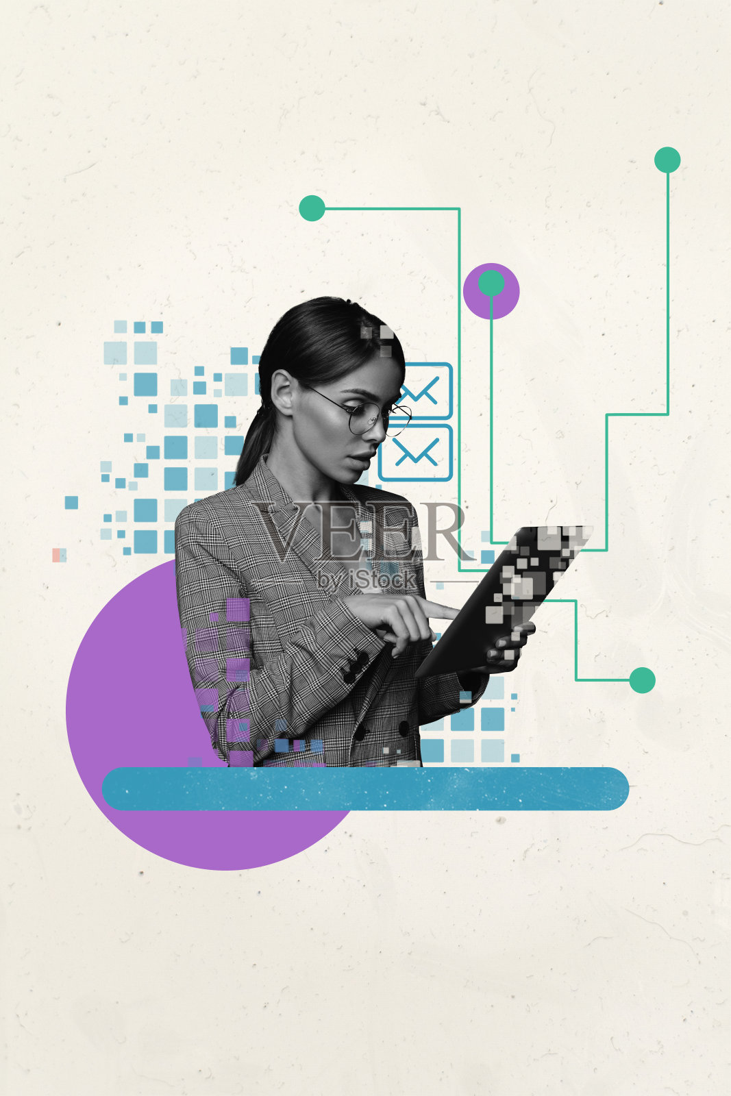 超现实主义拼贴海报，人物站在粉彩背景上的像素符号旁边照片摄影图片