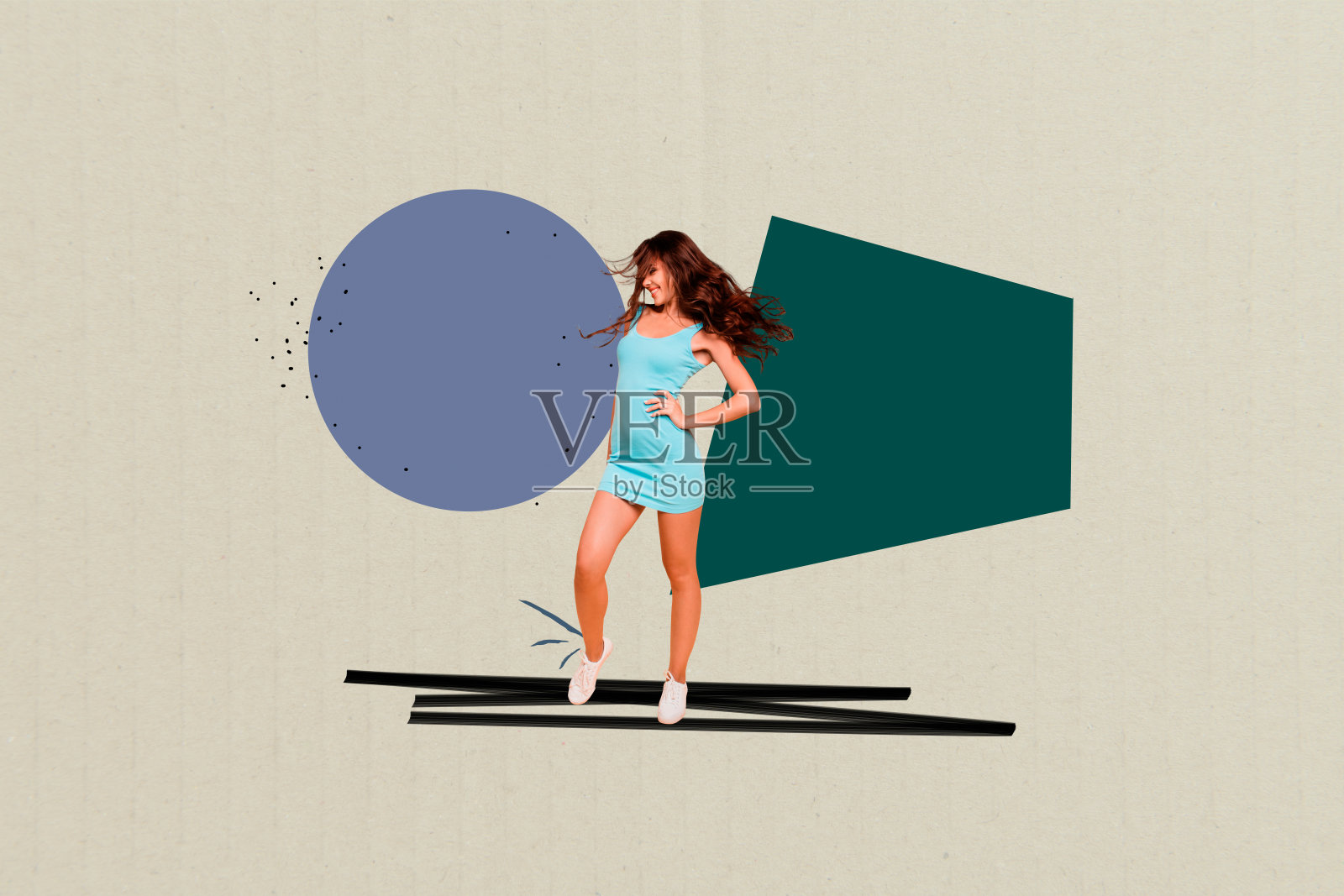 快乐女孩和男孩在周末派对上跳舞的海报艺术拼贴，庆祝娱乐成功的节日场合照片摄影图片