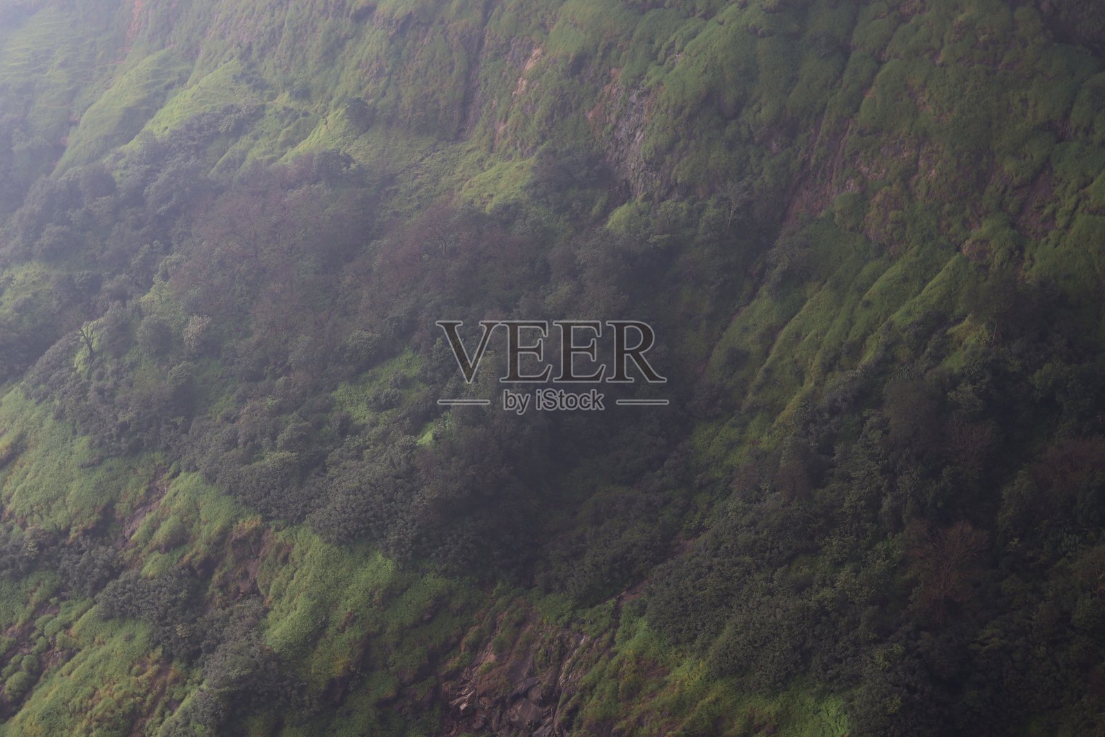 马瑟兰郁郁葱葱的悬崖在轻雾中显得格外壮观。崎岖的地形和生机勃勃的植被在季风云层下突显出西高止山脉的雄伟美景，非常适合用于自然、旅行和保护主题。照片摄影图片