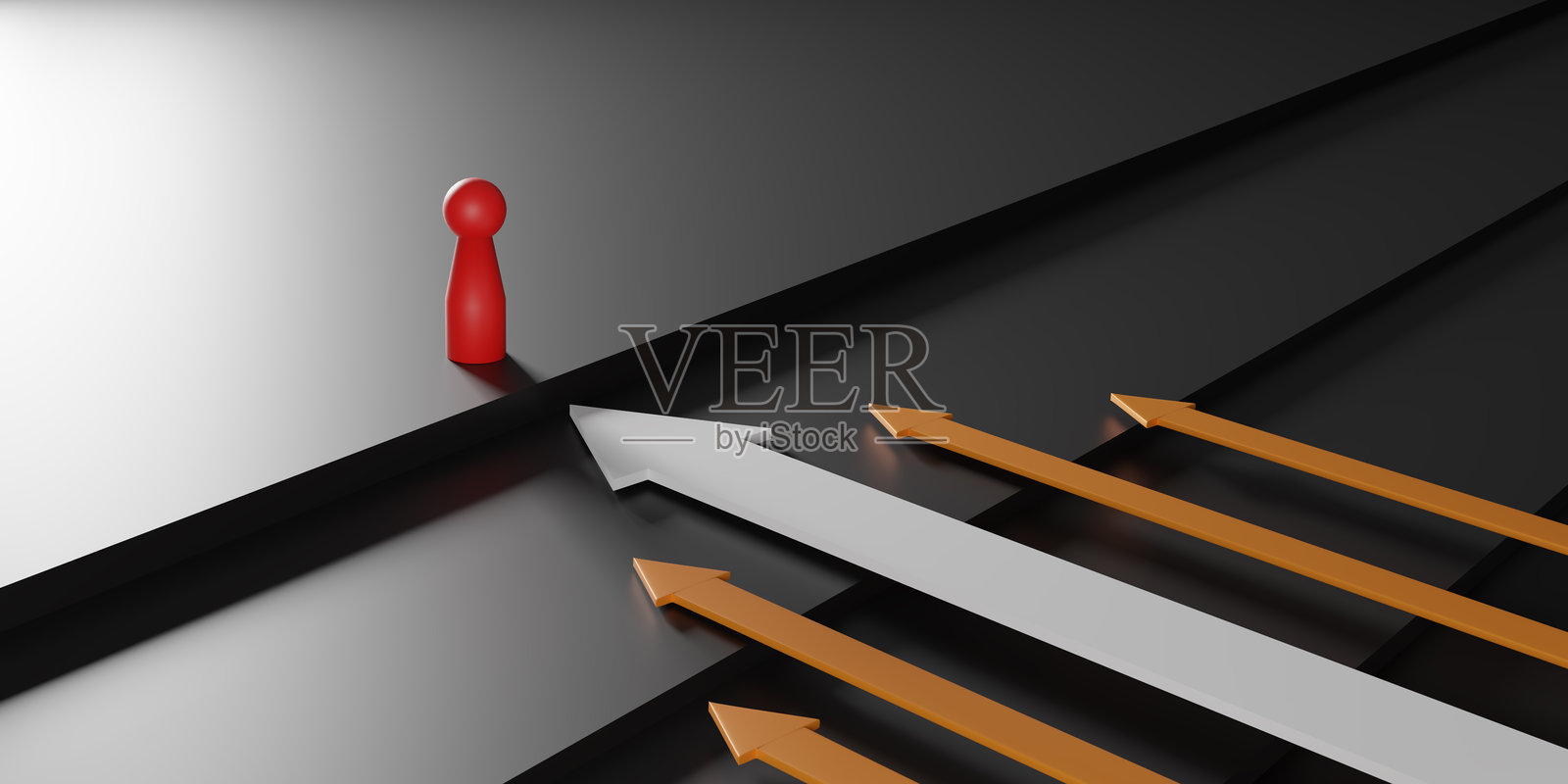 一个红色玩偶在橙色和白色箭头上方引领，象征着领导力、雄心和成功。这个3D渲染作品代表了在商业环境中的进步、竞争和前瞻性策略。照片摄影图片