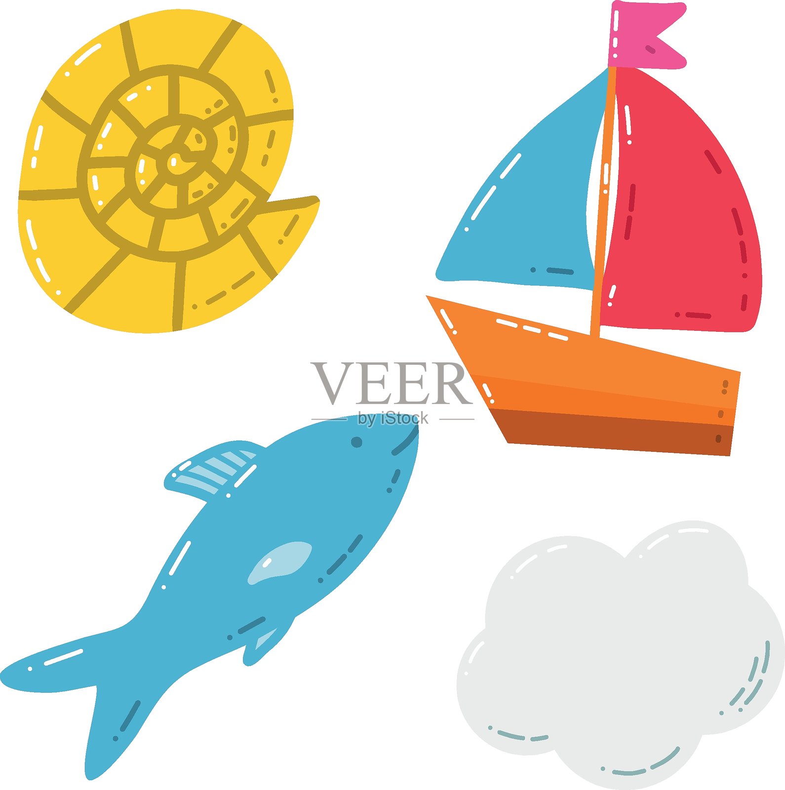 色彩丰富的海洋插图，包括帆船、鱼、贝壳和云朵，背景为白色插画图片素材