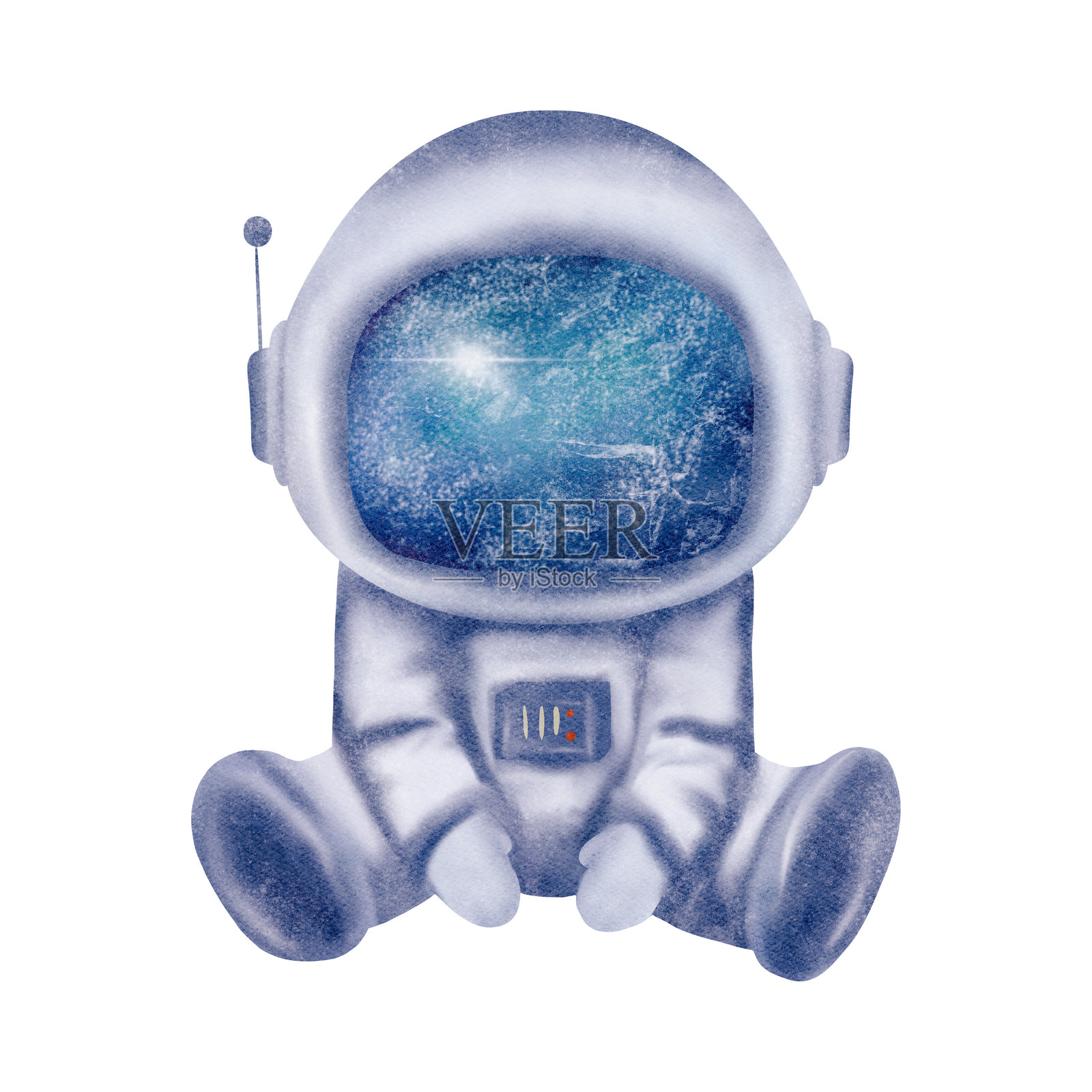 美丽的白色和蓝色宇航员，宇航员戴着头盔，孤立在白色背景上。水彩数字插图。适合儿童设计、服装装饰、房间、室内、纺织品、海报。插画图片素材