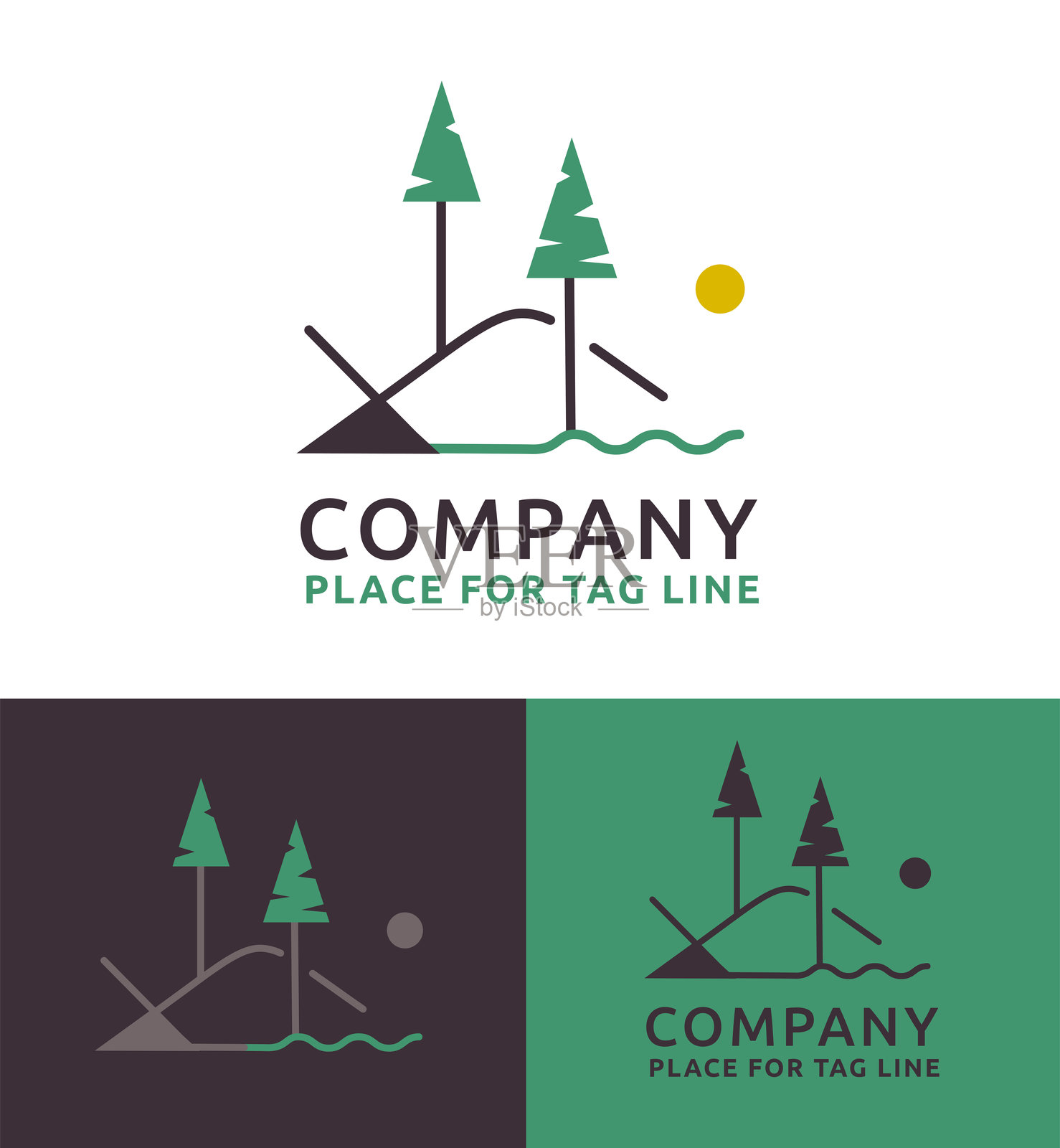 山地风景符号。太平洋西北地区的风景 + 松树 + 太阳 + 海洋 + 山丘。可编辑的线条插画图片素材