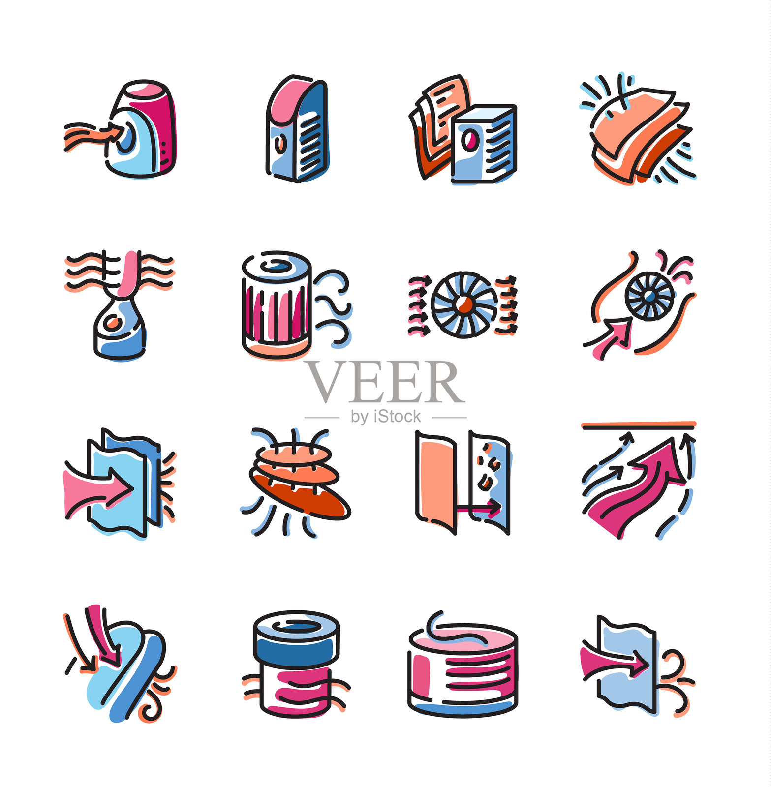 彩色手绘风格的空气净化矢量图标集，包括过滤器、气流、循环、风扇和通风元素，可编辑的线条插画图片素材