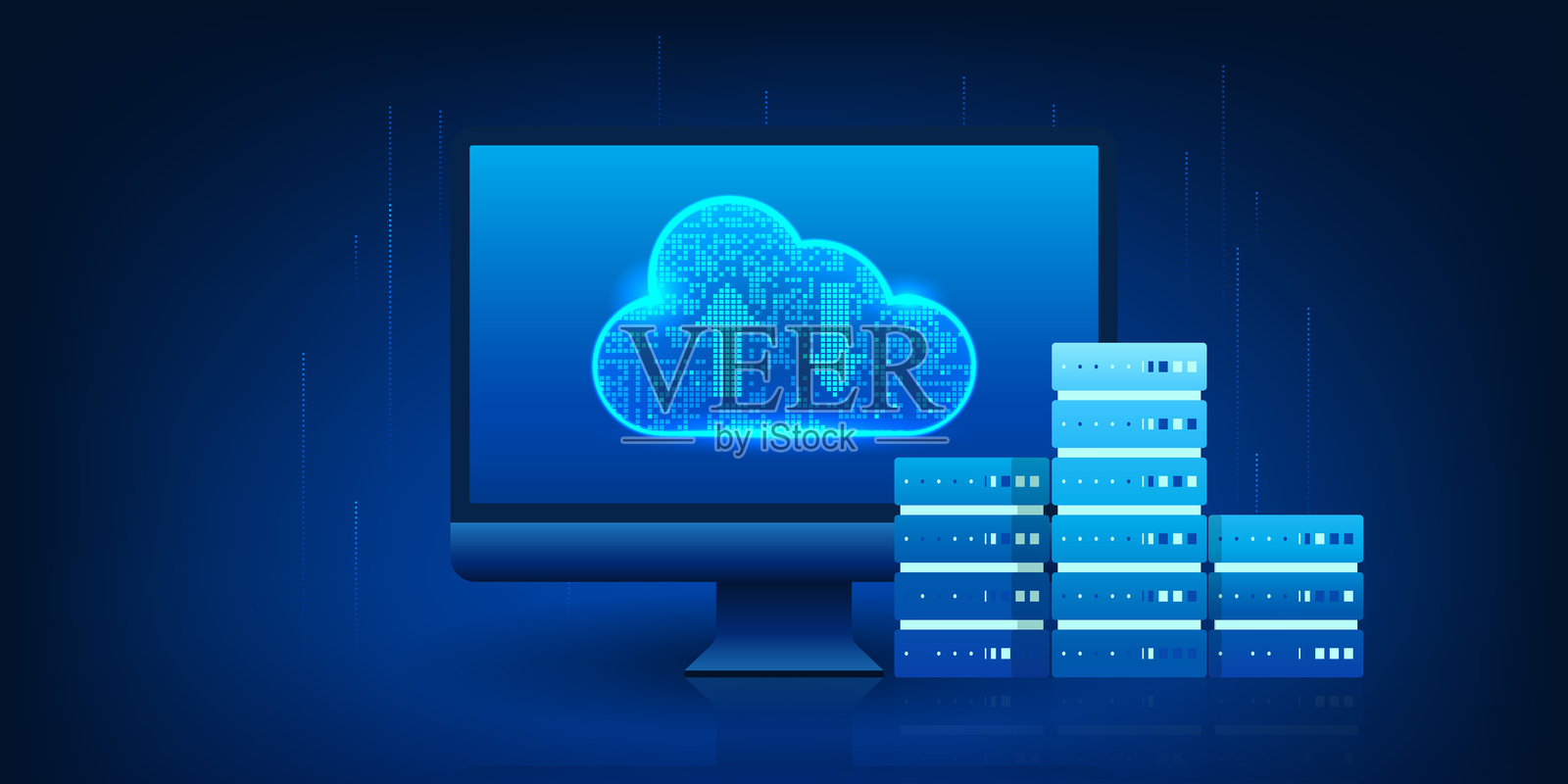 计算机屏幕上显示的云技术与服务器连接，代表了组织运营的实时云存储和处理系统。插画图片素材