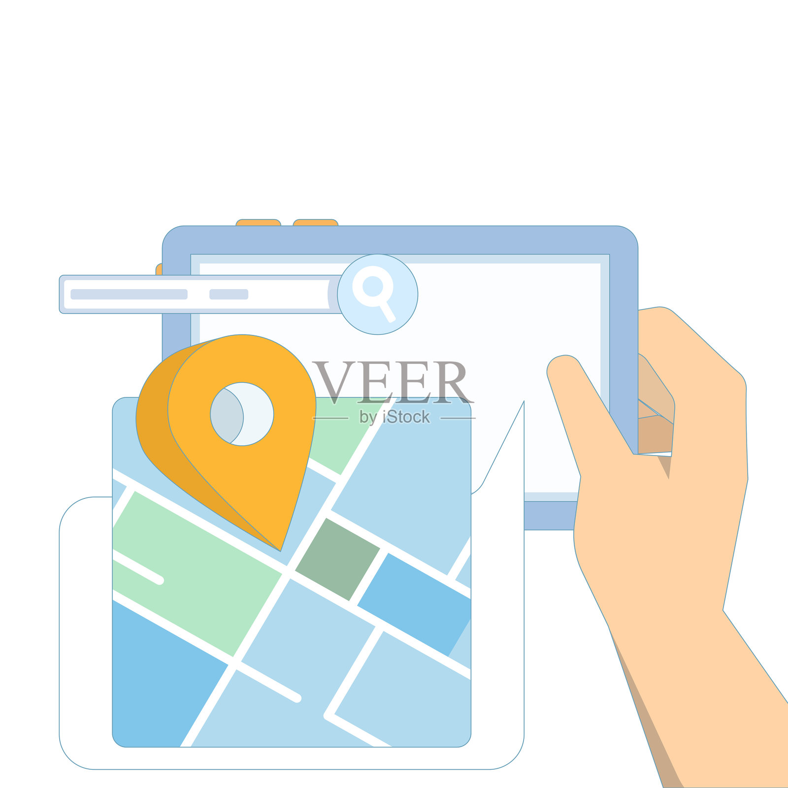 追踪位置的活动概念。路线规划，位置跟踪。城市旅行导航。地图上的导航。带有GPS标记的地图设备。平面矢量设计插图背景。插画图片素材