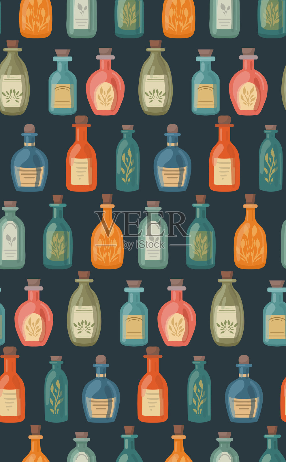 卡通风格的瓶子药水无缝图案。黑色背景上排列着装有药水和药剂的瓶子纹理。插画图片素材