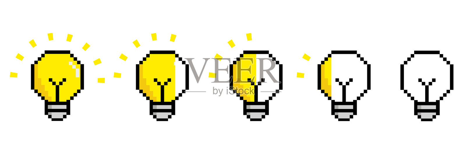 灯泡像素艺术。矢量游戏8位灯具图标标志。创意图标，思考，商业插画图片素材