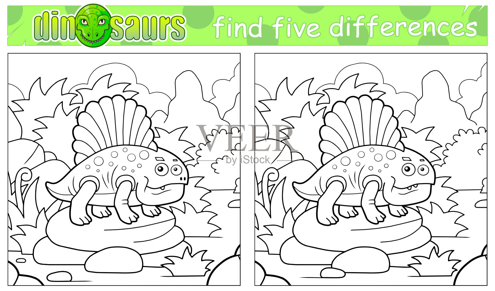 有趣的恐龙涂色书，找出五处不同之处插画图片素材