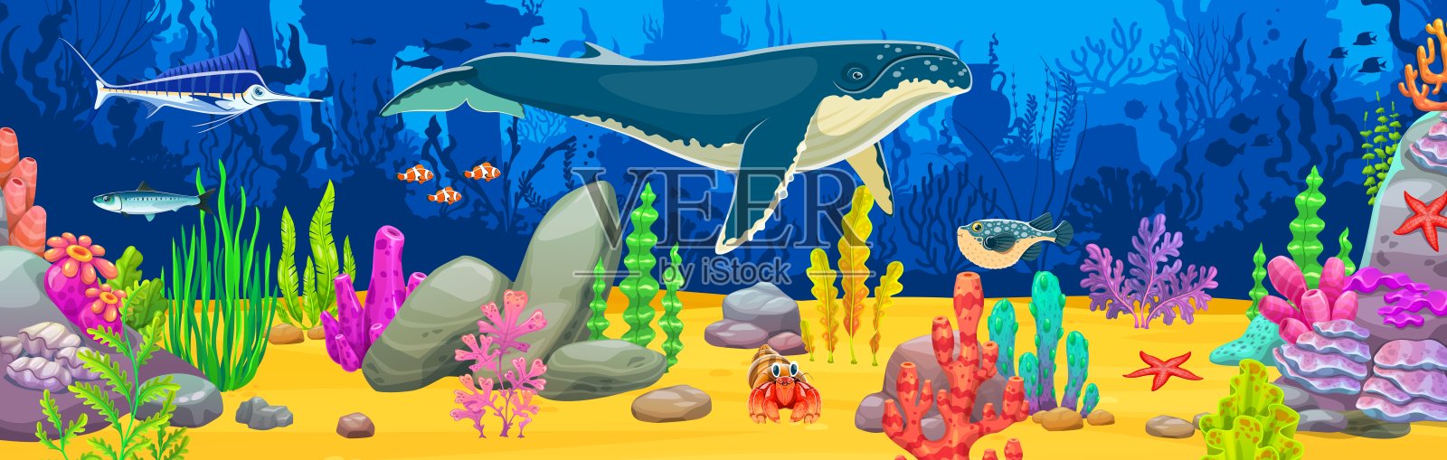 抹香鲸与鱼类在水下景观中插画图片素材