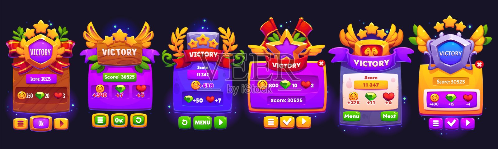 胜利游戏框架和横幅，用户界面按钮，屏幕插画图片素材