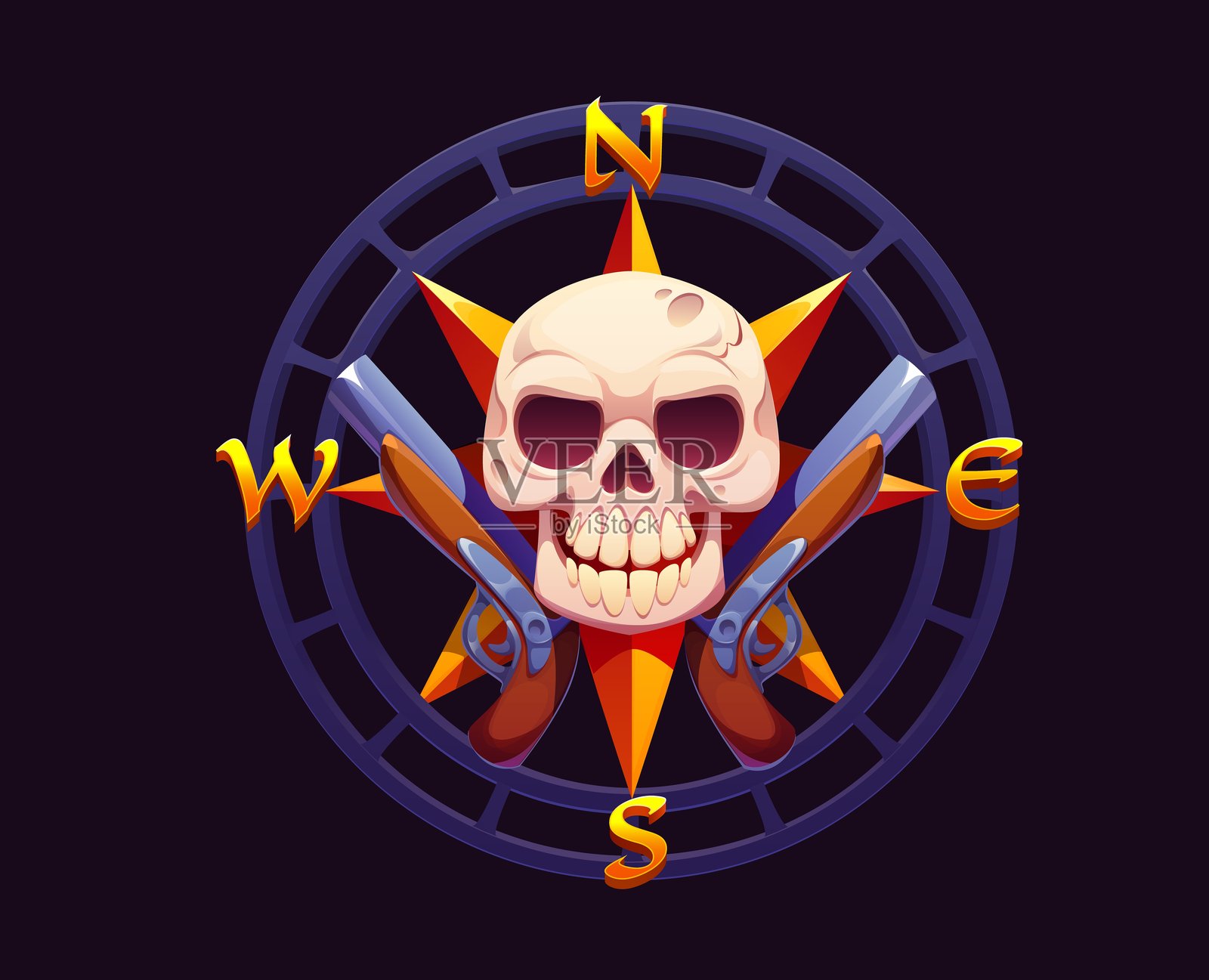 带有海盗骷髅和枪支的纹章罗盘插画图片素材